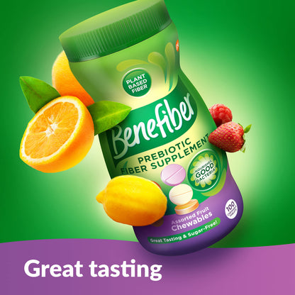 Benefiber Chewable Prebiotic Fiber Supplement Tablets for Digestive Health, Assorted Fruit Flavors