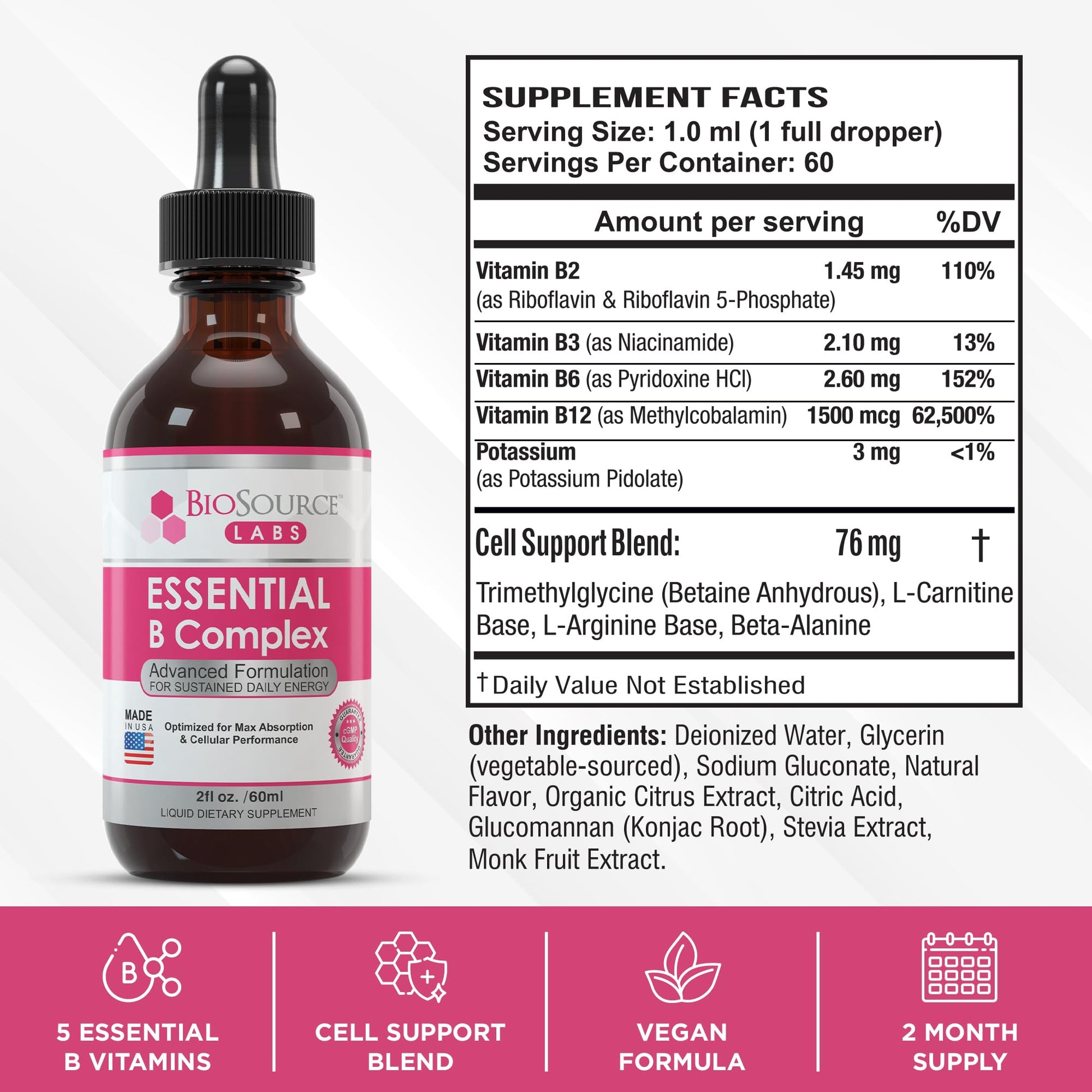 BioSource Labs Essential B Complex - Daily Vegan Vitamin B-Complex Sublingual Liquid BioSource Labs