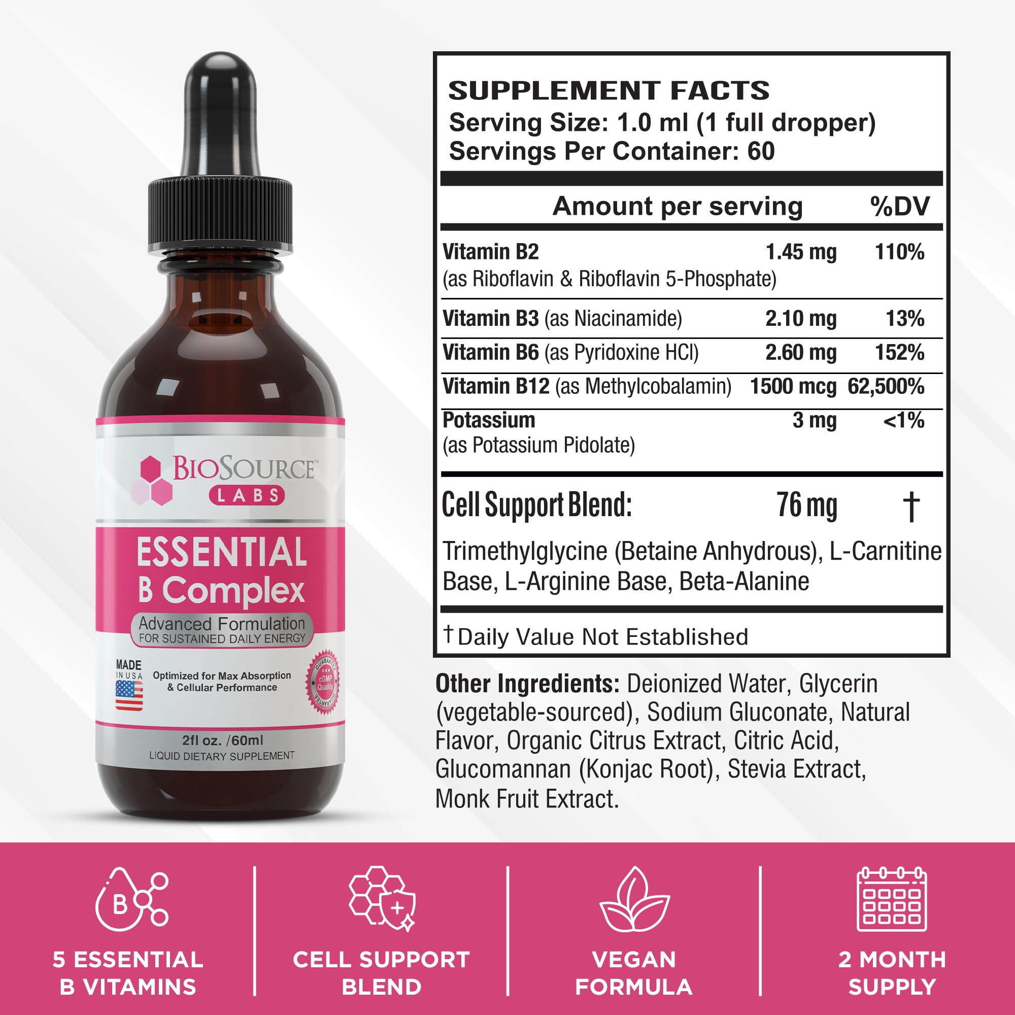 BioSource Labs Essential B Complex - Daily Vegan Vitamin B-Complex Sublingual Liquid BioSource Labs