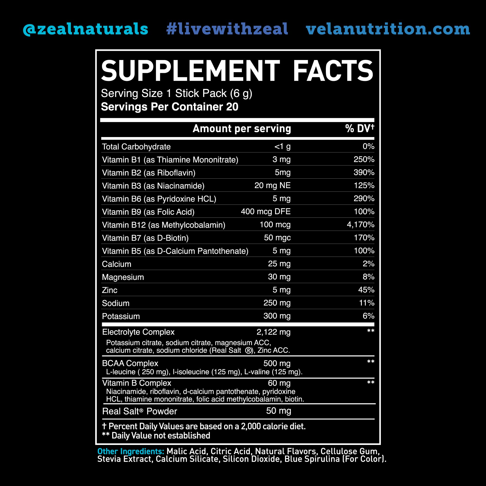 Enhanced Powder Stick Packs (Blue Raspberry - 20 Packets) Sugar Free + BCAA B-Vitamin Zeal Naturals