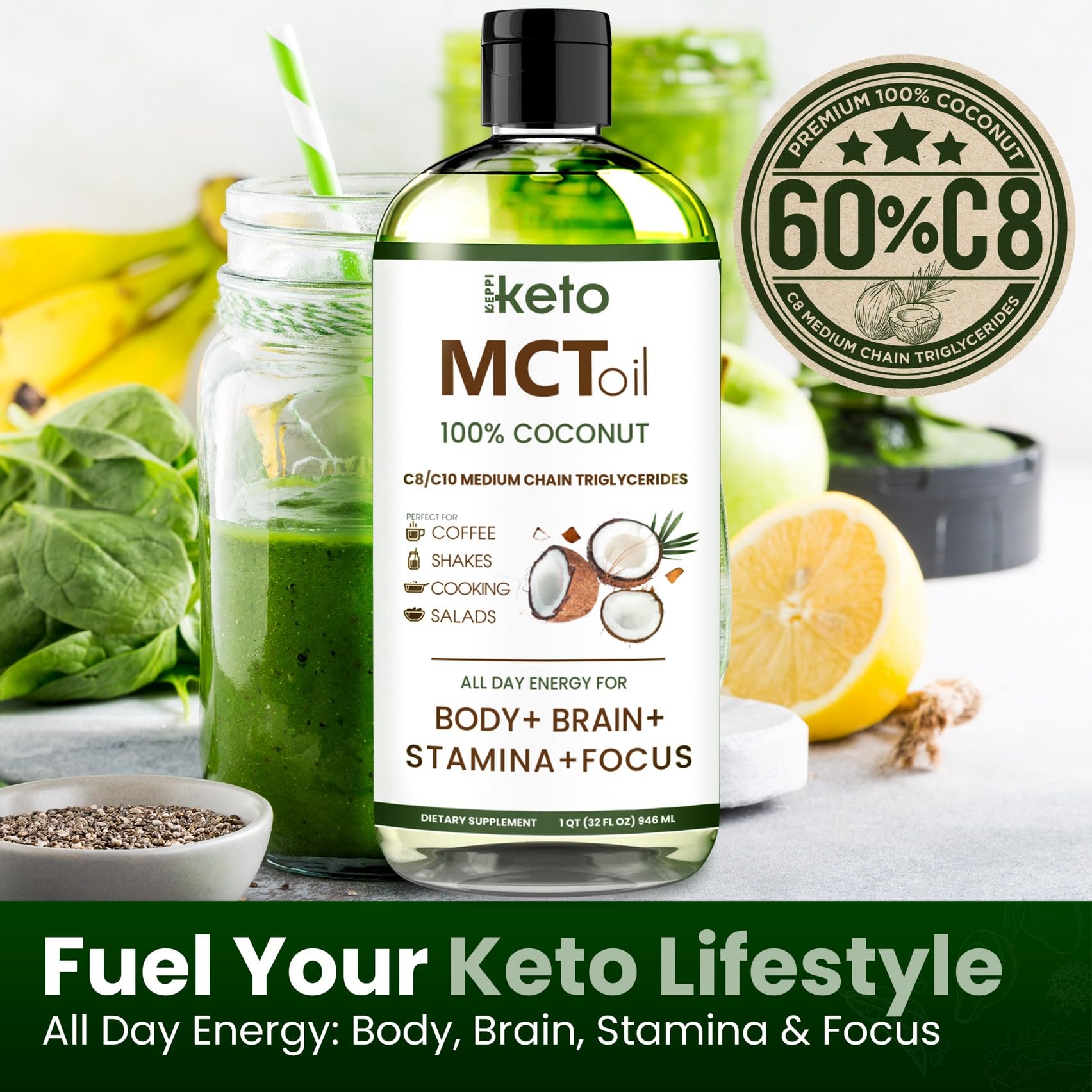 Keppi Flavorless MCT Oil - C8 and C10 for Keto Diet, Non-GMO, Certified Gluten-Free