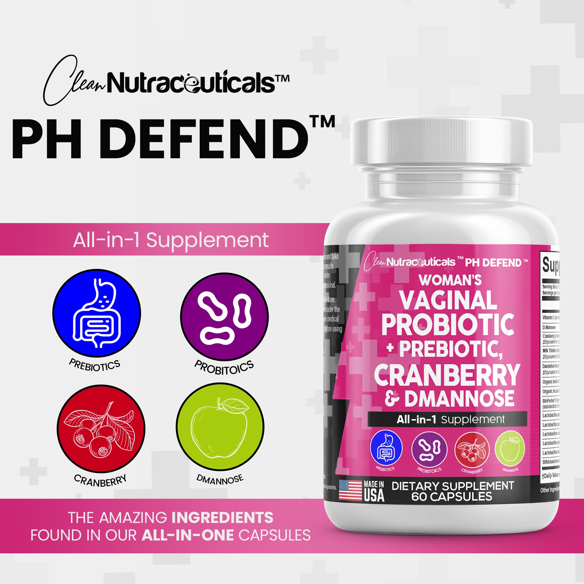 Vaginal Probiotics For Women + Prebiotics 20 Billion Cranberry Pills 30,000mg w/ D-Manno Clean Nutraceuticals