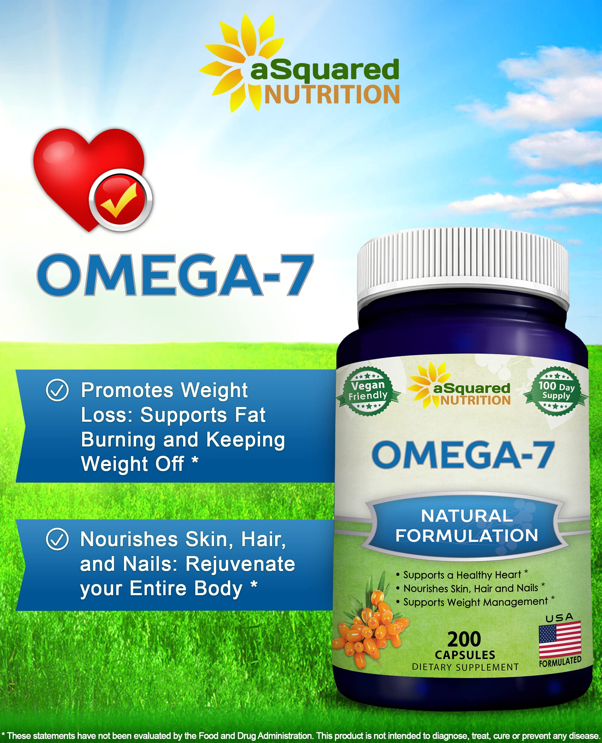 aSquared Nutrition Purified Omega 7 Fatty Acids-200 Capsules from Natural Sea Buckthorn aSquared Nutrition