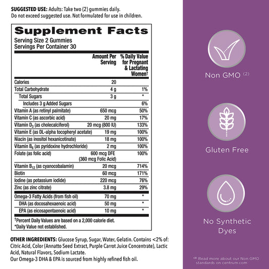 Centrum Prenatal Multivitamin Gummies with DHA and Folic Acid, Mixed Berry and Orange Flavors