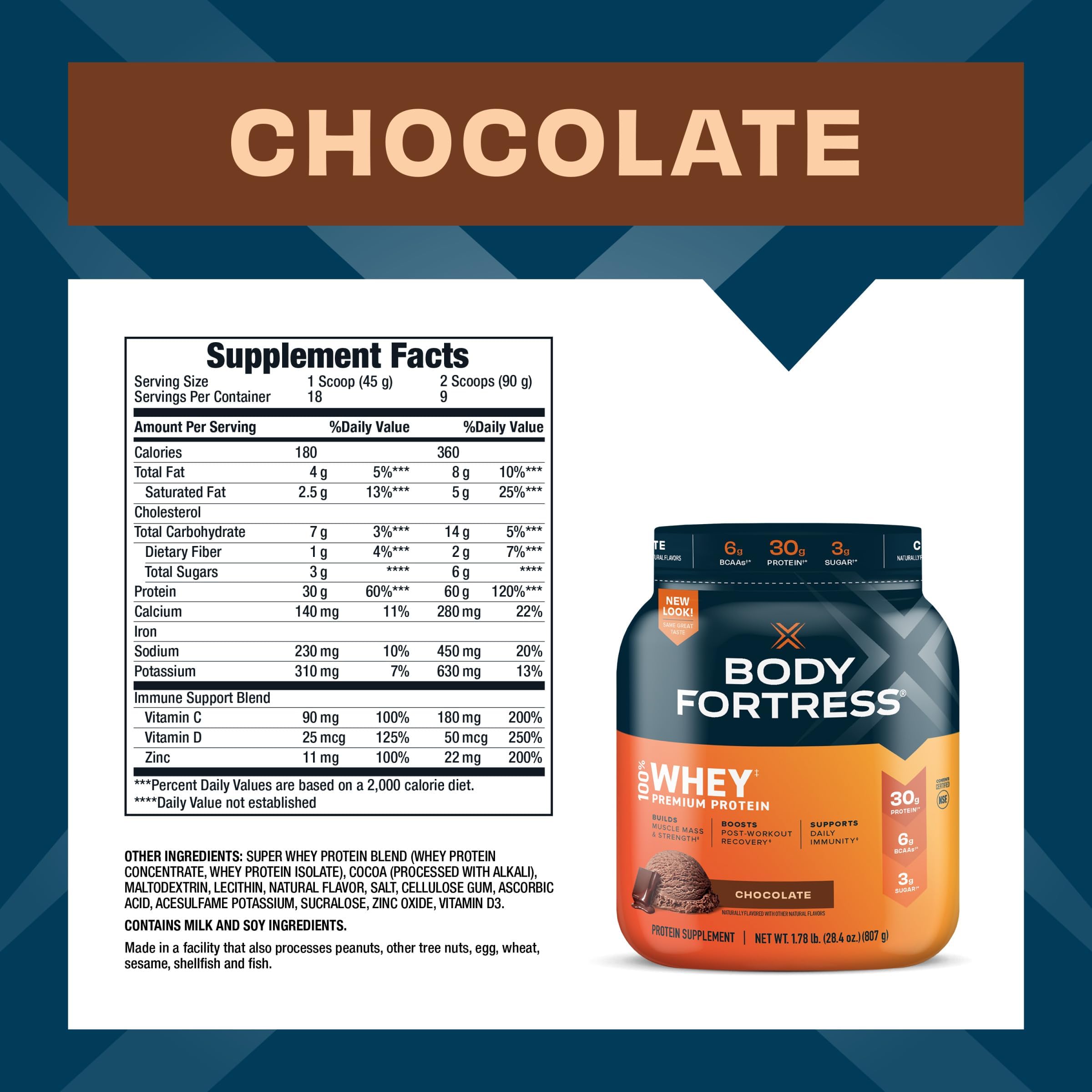 Body Fortress 100% Whey, Premium Protein Powder, Chocolate, 1.78lbs, Packaging May Body Fortress