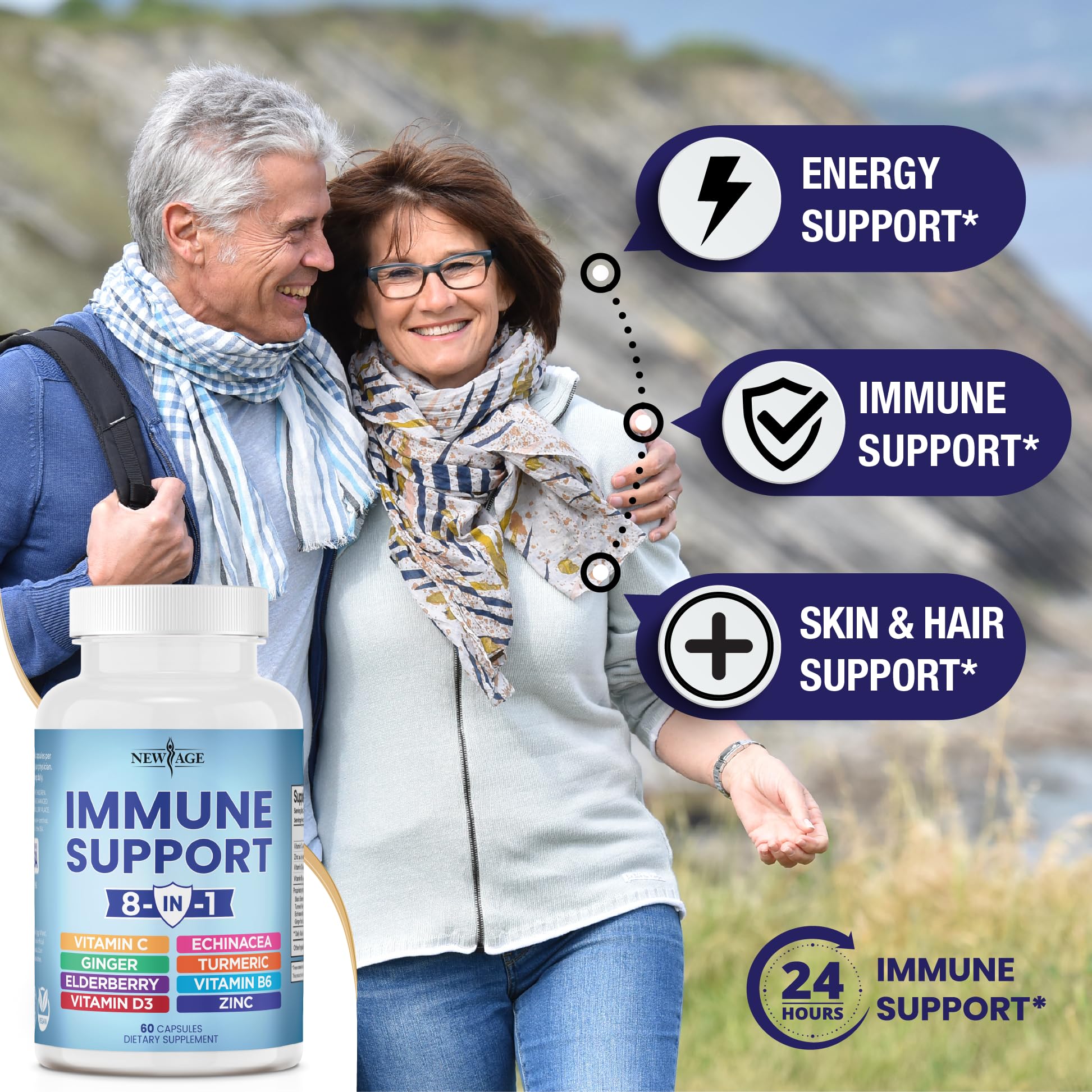 NEW AGE 8 in 1 Immune Support Booster Supplement with Echinacea, Vitamin C NEW AGE