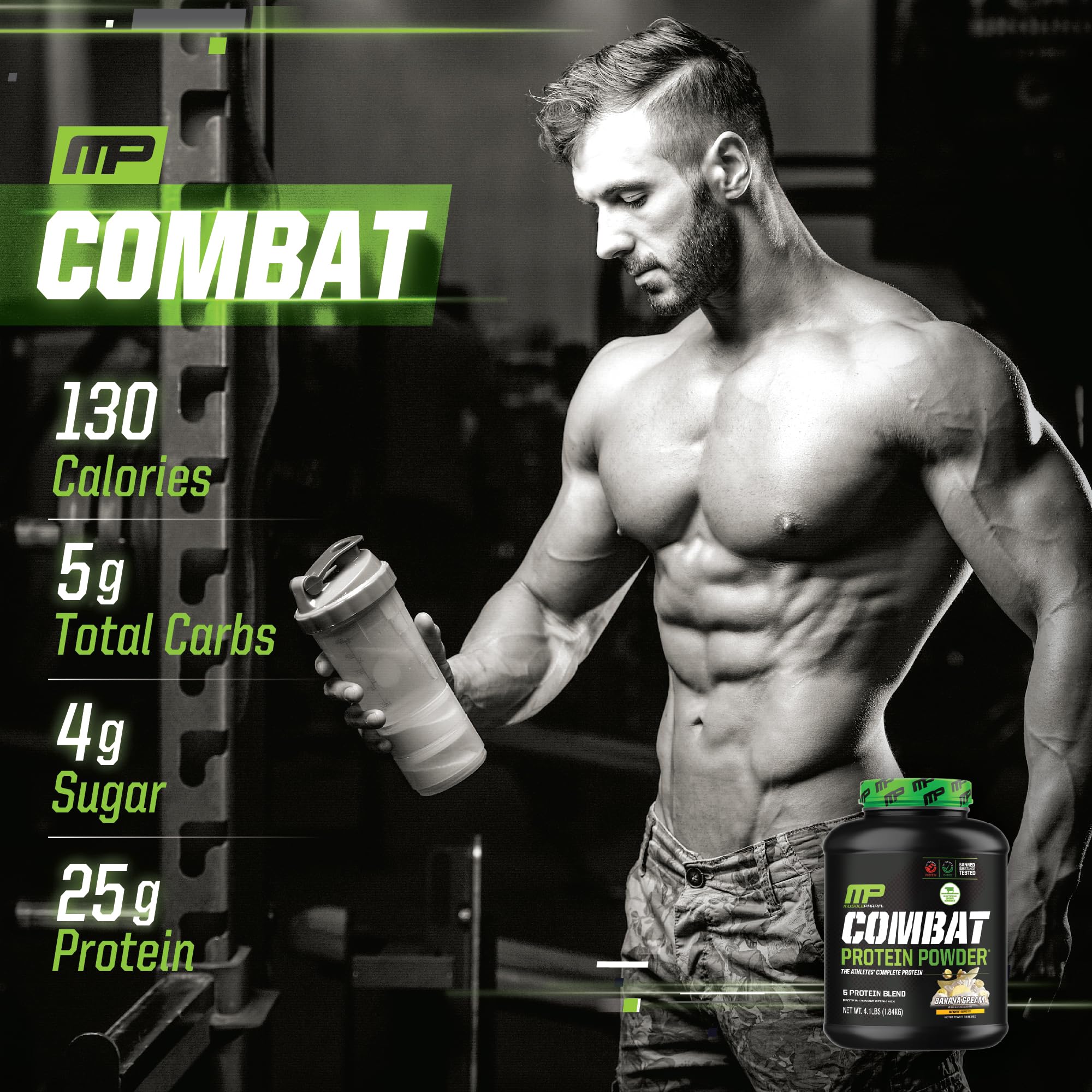 MusclePharm Combat Protein Powder, Banana Cream - 4 lb - Gluten Free - 52 Servings Muscle Pharm