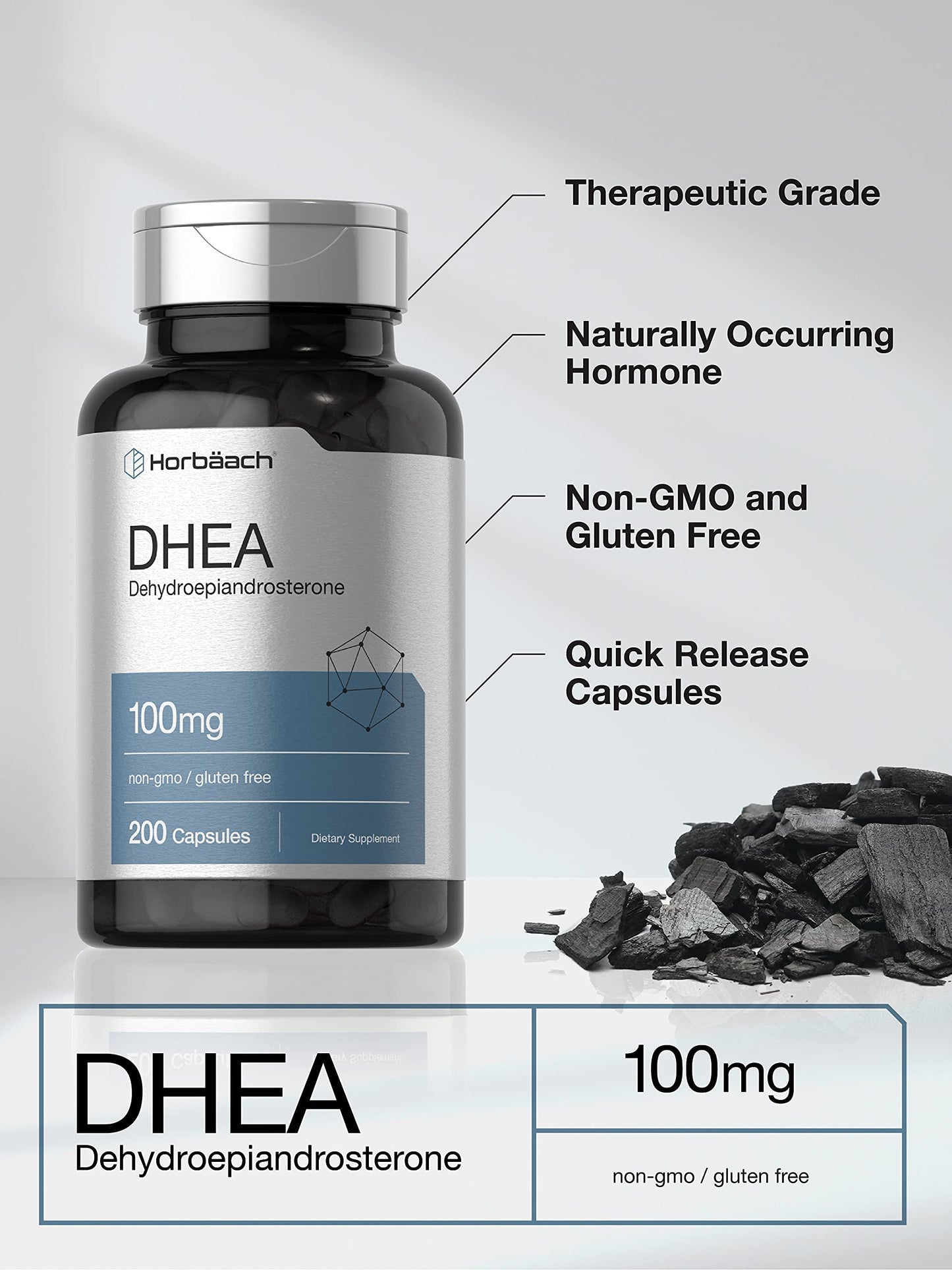 DHEA 100mg | 200 Capsules | Non-GMO, Gluten Free Supplement | by Horbaach
