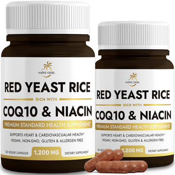 Native Oasis (2 Bottles) Red Yeast Rice 1,200 mg. Capsules Made with CoQ10 and Flush 