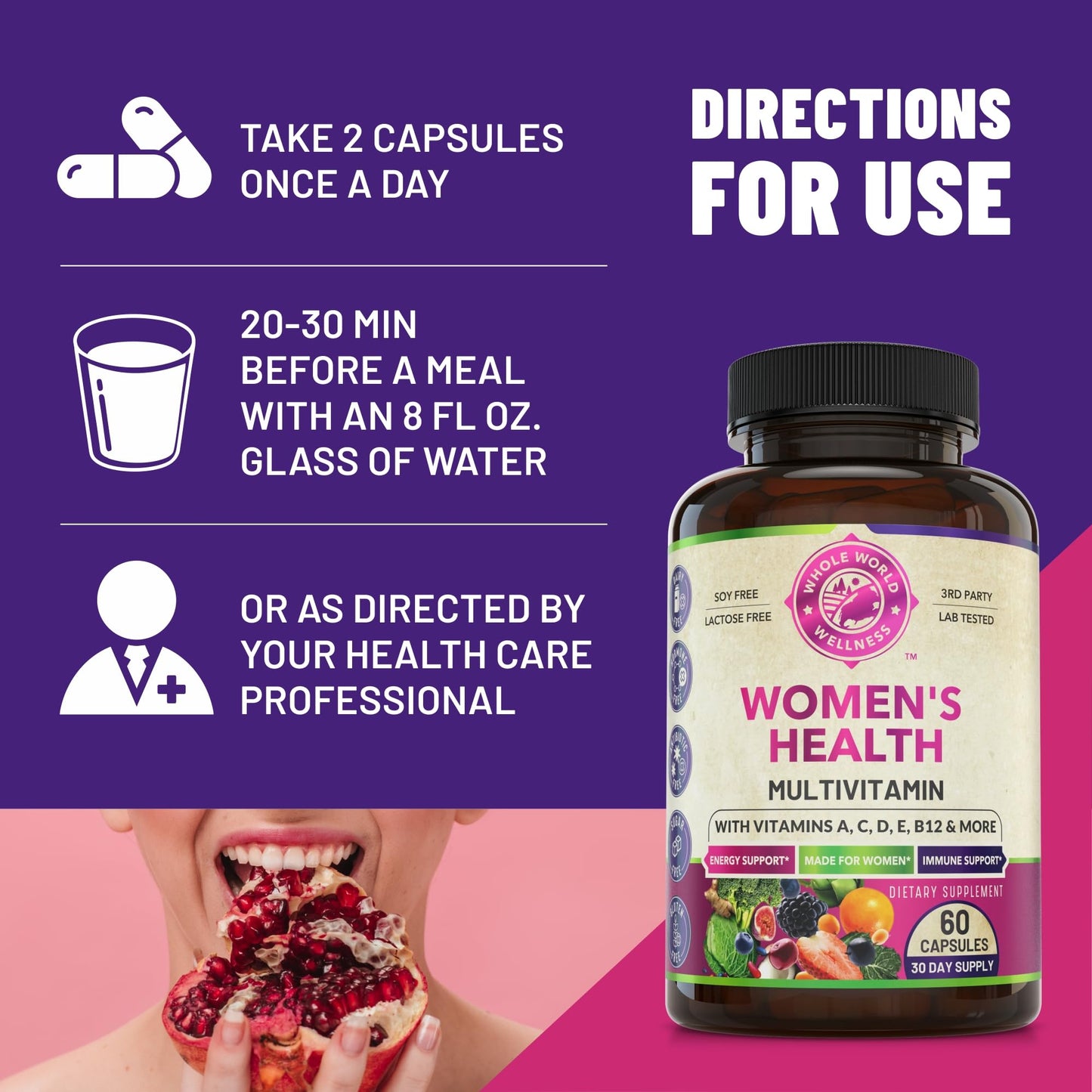 Womens Daily Multivitamins & Multimineral Supplement for Energy, Mood, Focus, Hair