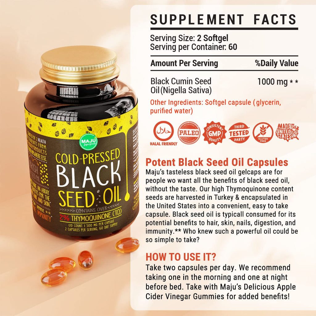 MAJU's Black Seed Oil Capsules, Strong Cold Pressed, 2% Thymoquinone, 100% Turkish Maju Superfoods