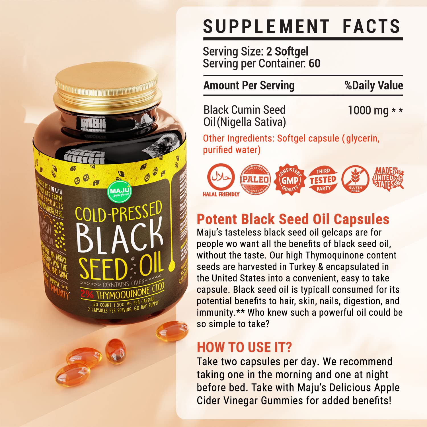 MAJU's Black Seed Oil Capsules, Strong Cold Pressed, 2% Thymoquinone, 100% Turkish Maju Superfoods