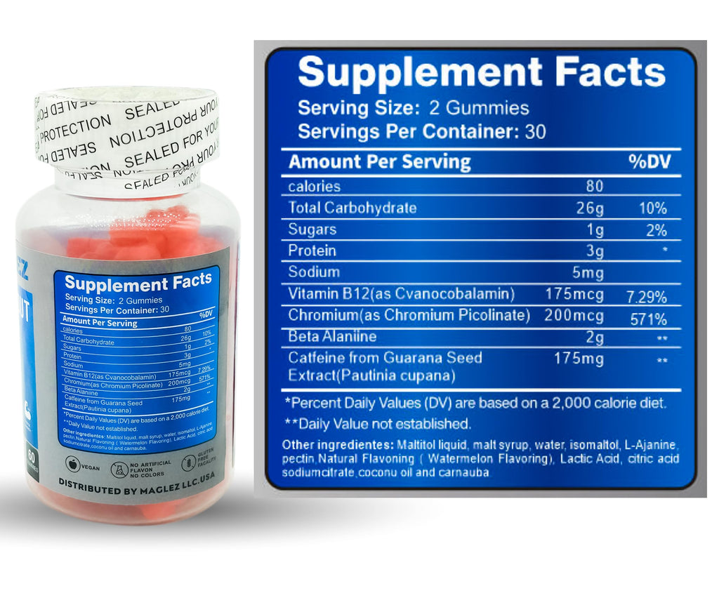 Maglez, Pre Workout Gummies for Men & Women, PreWorkout Gummy with Beta Alanine | Organic Caffeine | Chromium Picolinate | Gluten free, Vegan, increased energy, faster metabolism & recovery (60 gummy)