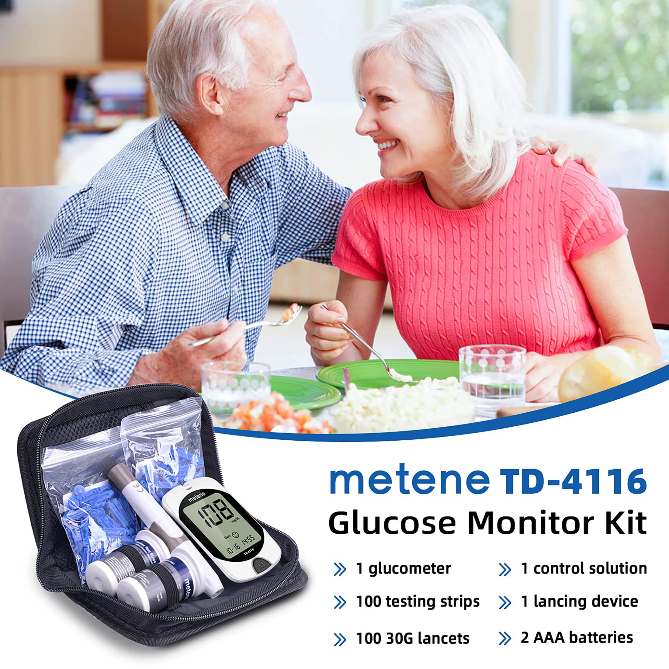 Metene TD-4116 Blood Glucose Monitor Kit, 100 Glucometer Strips Metene