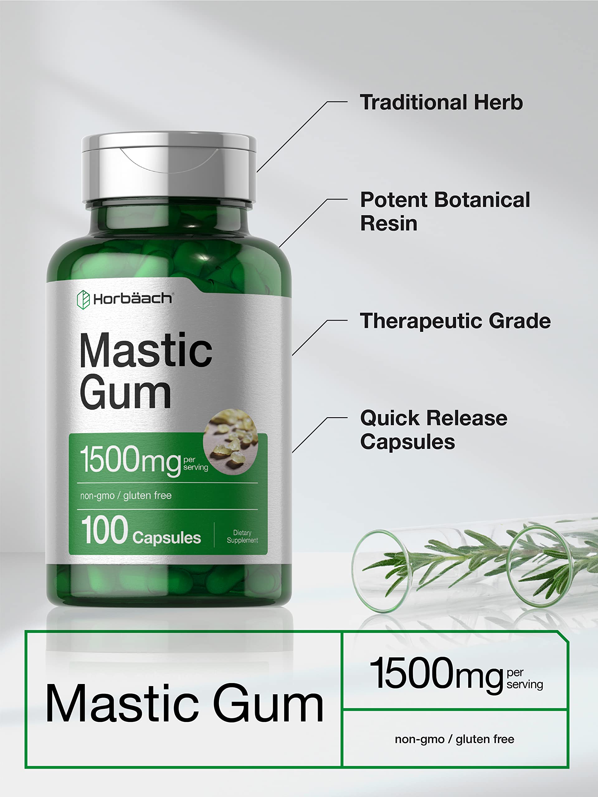 Mastic Gum Capsules 1500mg 100 Count | Non-GMO & Gluten Free | by Horbaach