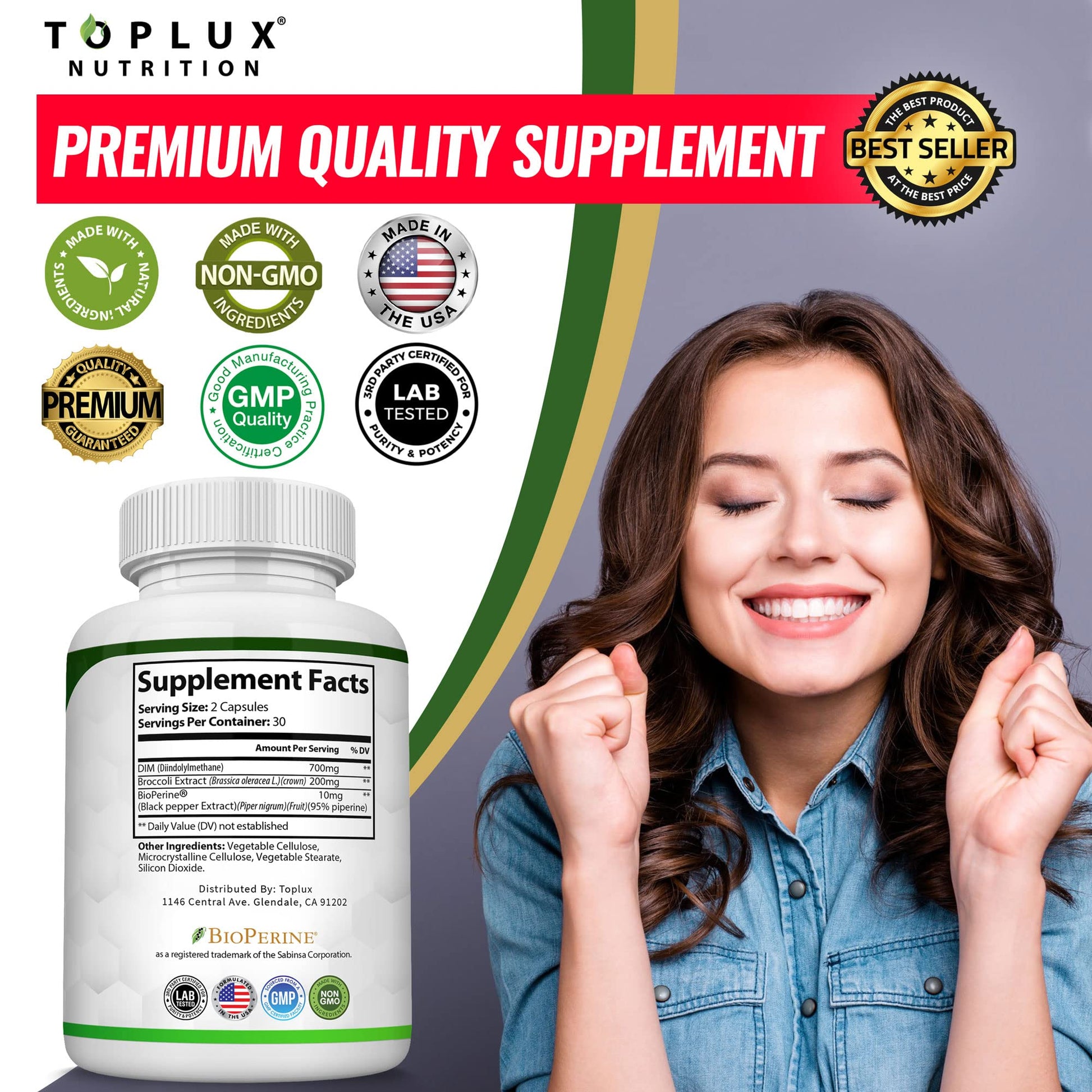 Dim Supplement 910 mg Plus BioPerine Complex - Diindolylmethane to Support Hormone Balance Toplux