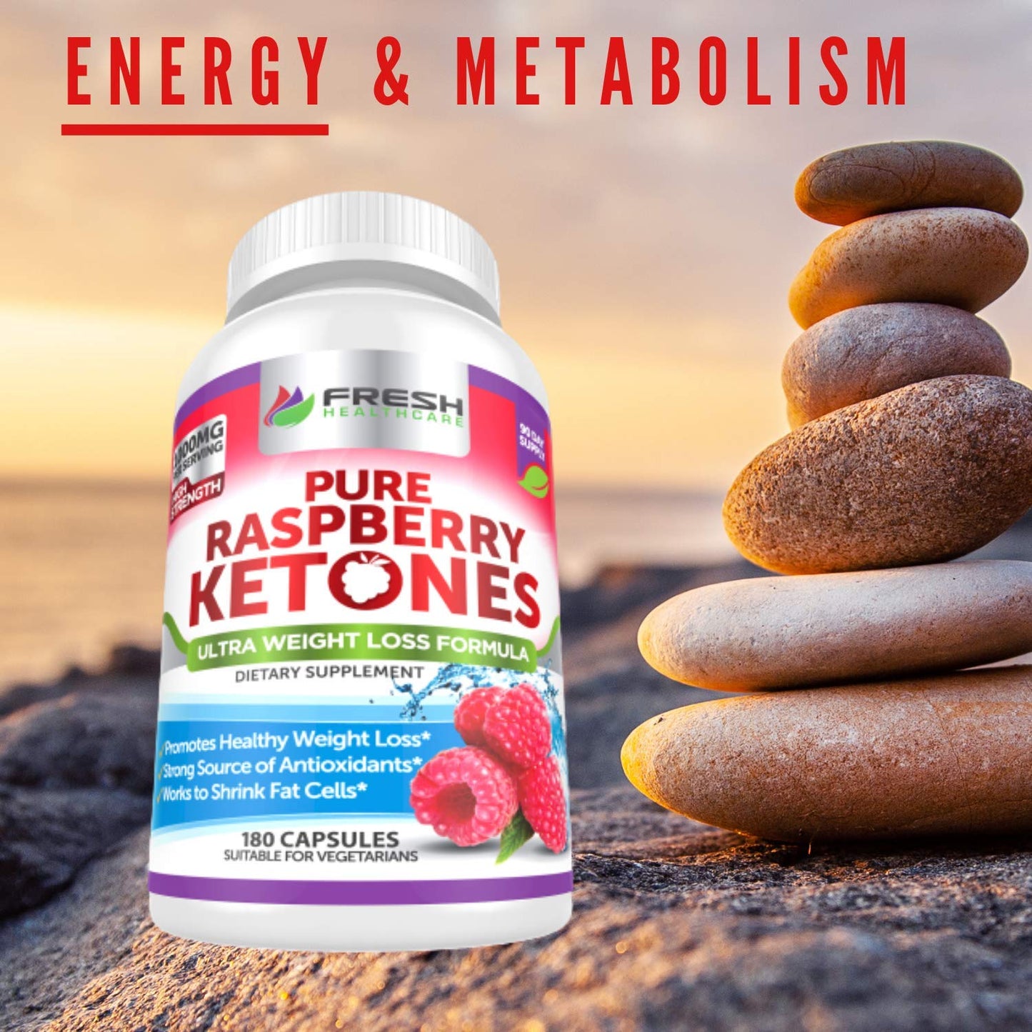 FRESH HEALTHCARE Pure 100% Raspberry Ketones Max 1000mg Per Serving - 3 Month