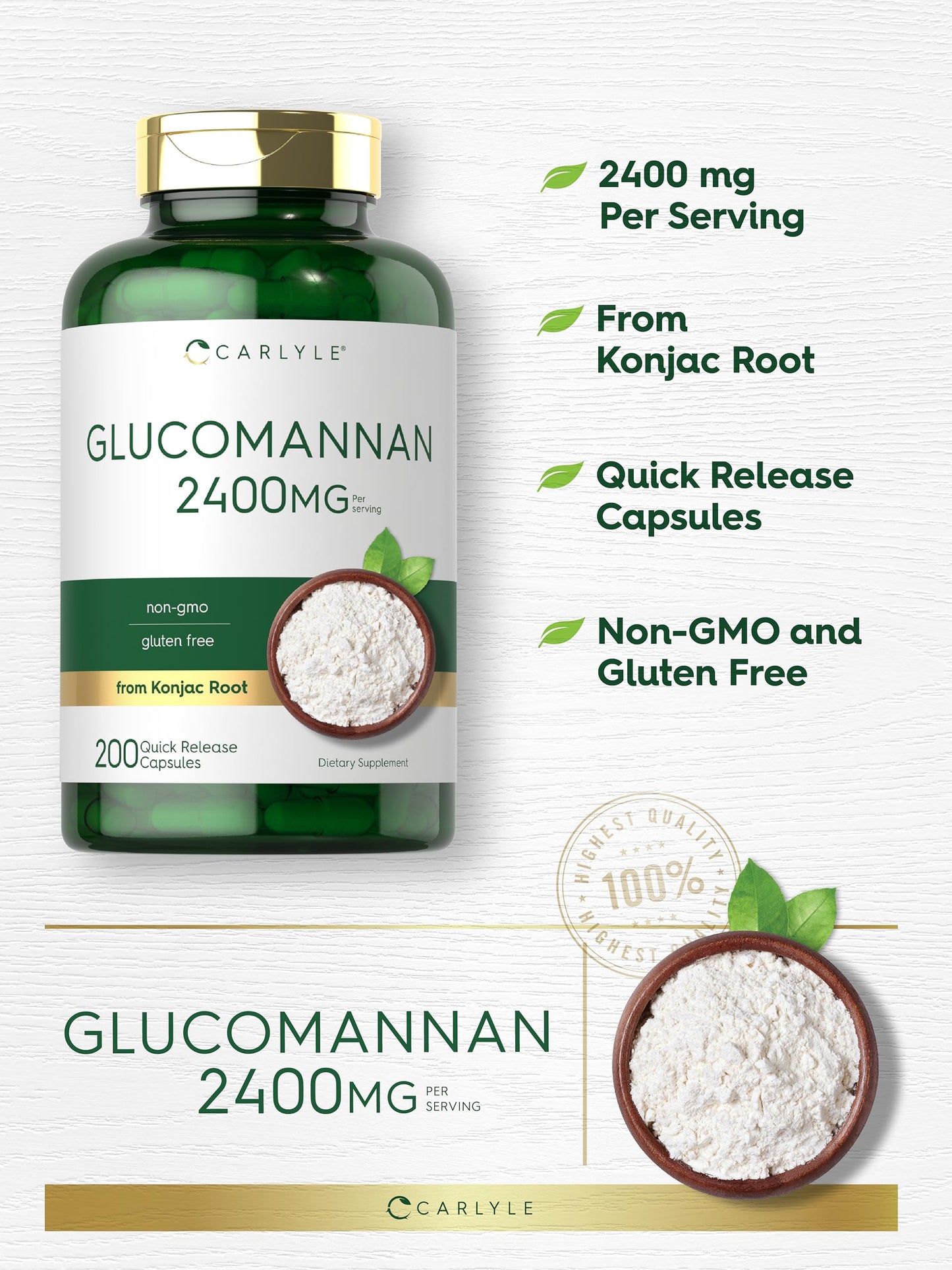 Carlyle Glucomannan Capsules | 200 Count | Soluble Fiber Pills | Non-GMO