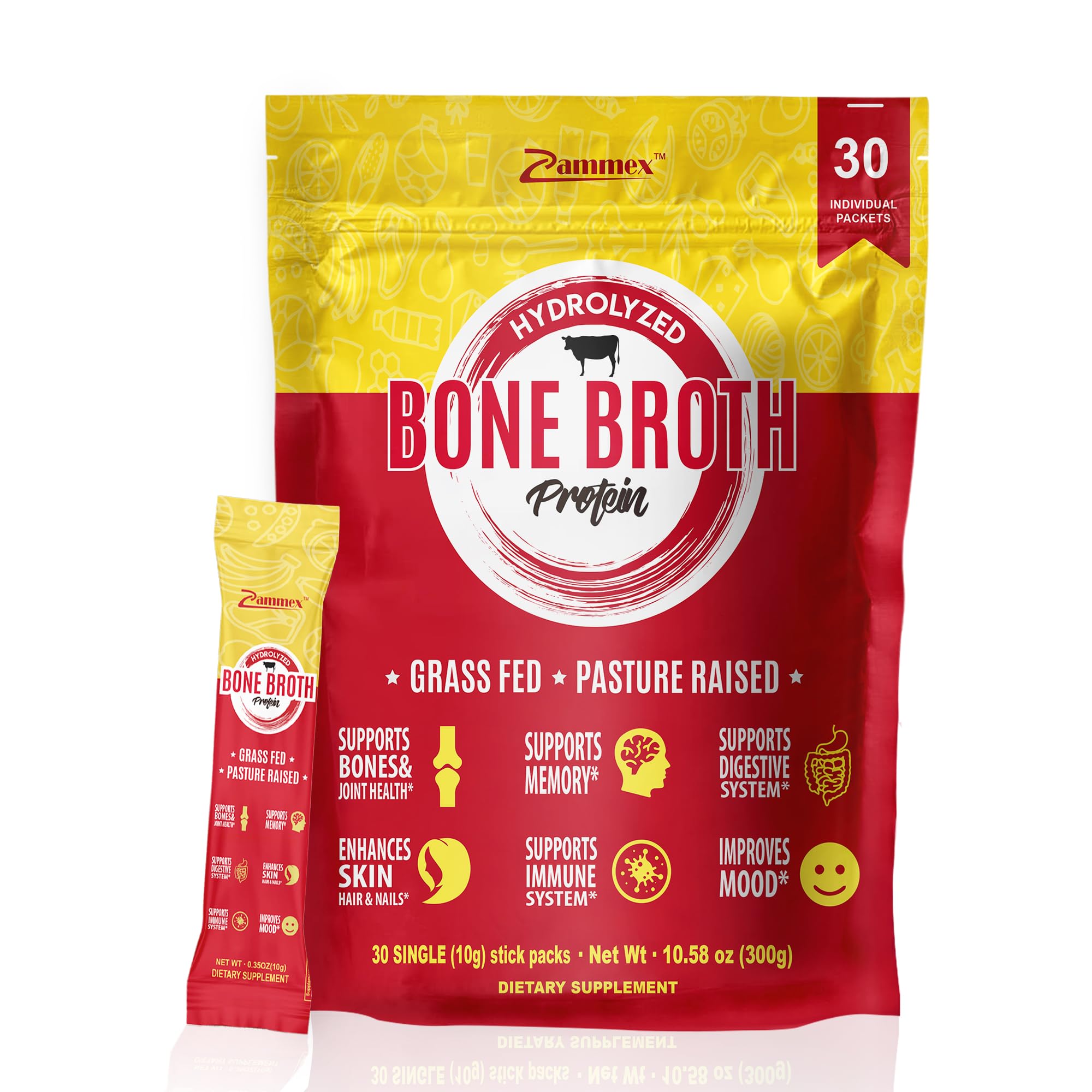 Zammex Bone Broth Packets-20g Collagen Protein-Beef Bone Broth Powder to Go-30 Travel