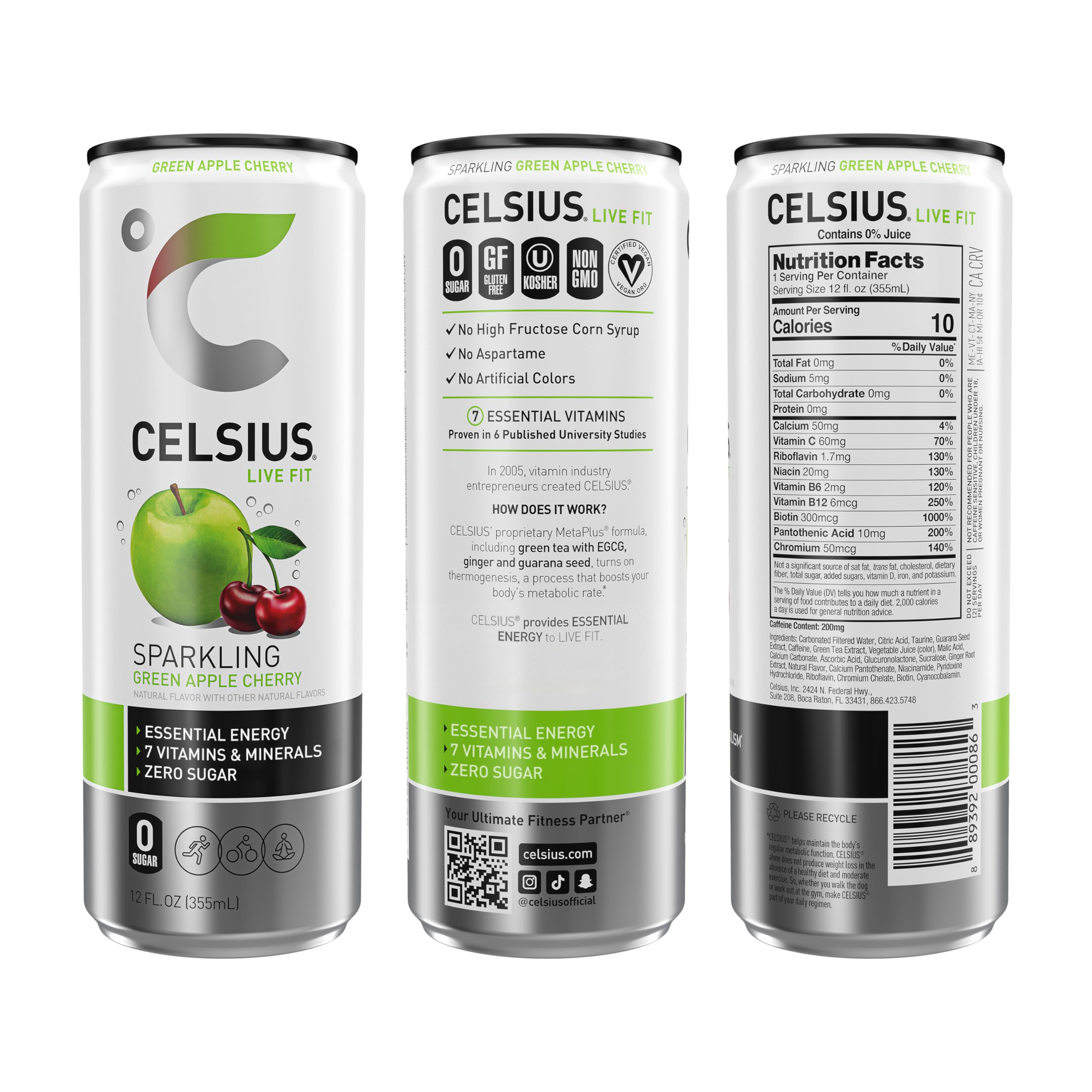 CELSIUS Sparkling Green Apple Cherry, Functional Essential Energy Drink, 12 Fl Oz CELSIUS