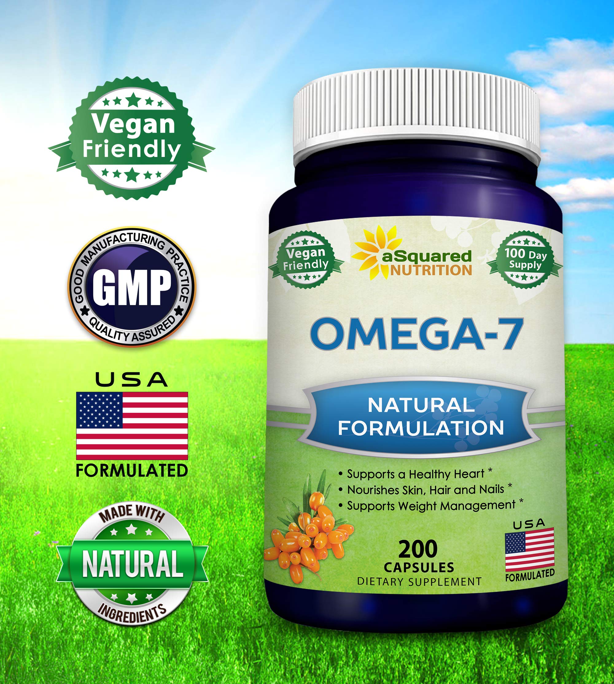 aSquared Nutrition Purified Omega 7 Fatty Acids-200 Capsules from Natural Sea Buckthorn aSquared Nutrition
