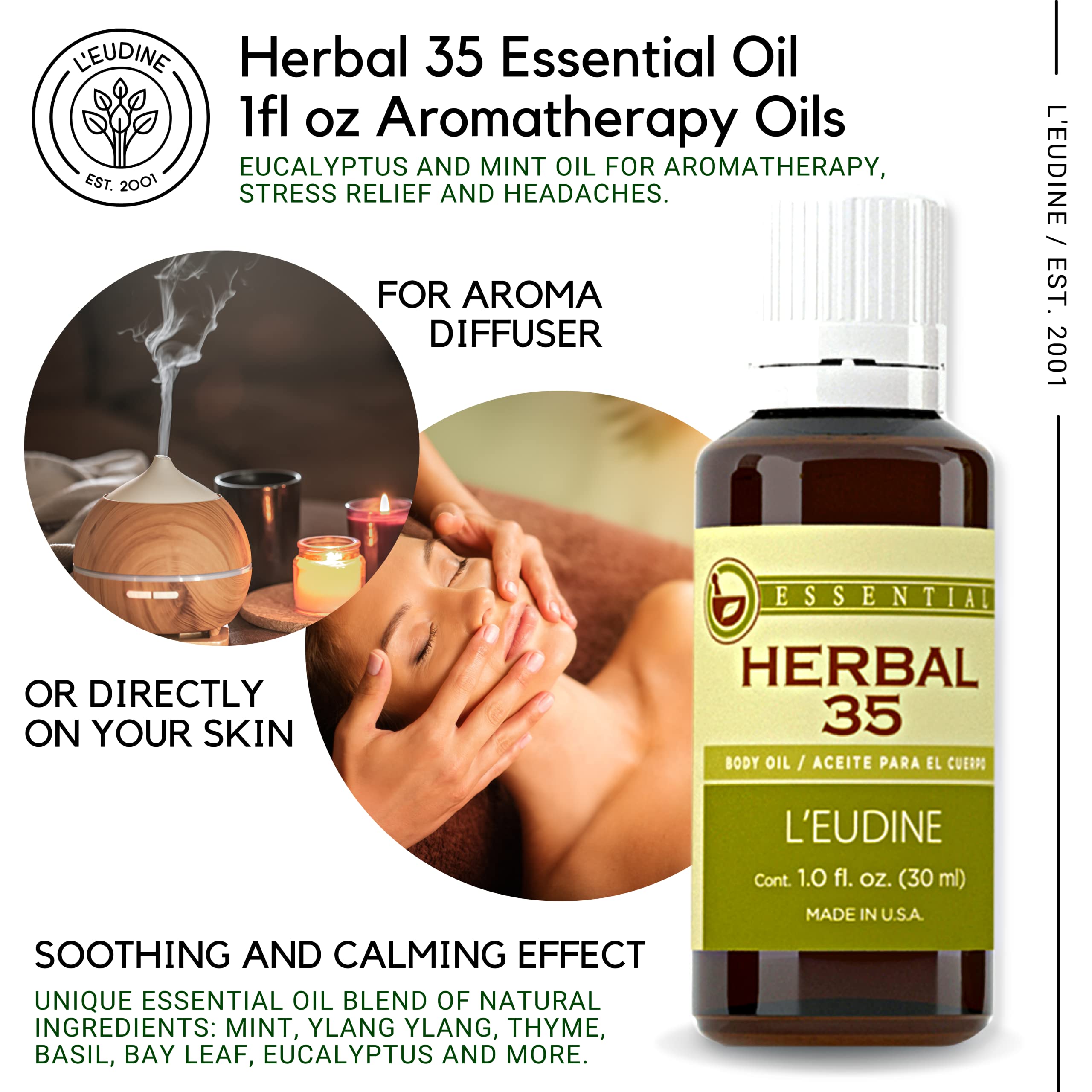 L'eudine Herbal 35 Essential Oil, Soothing and Calming Eucalyptus Essential Oil, Powerful Blend