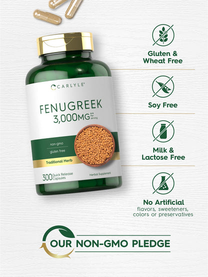 Carlyle Fenugreek Capsules 3000 mg | 300 Count | Non-GMO & Gluten Free Extract