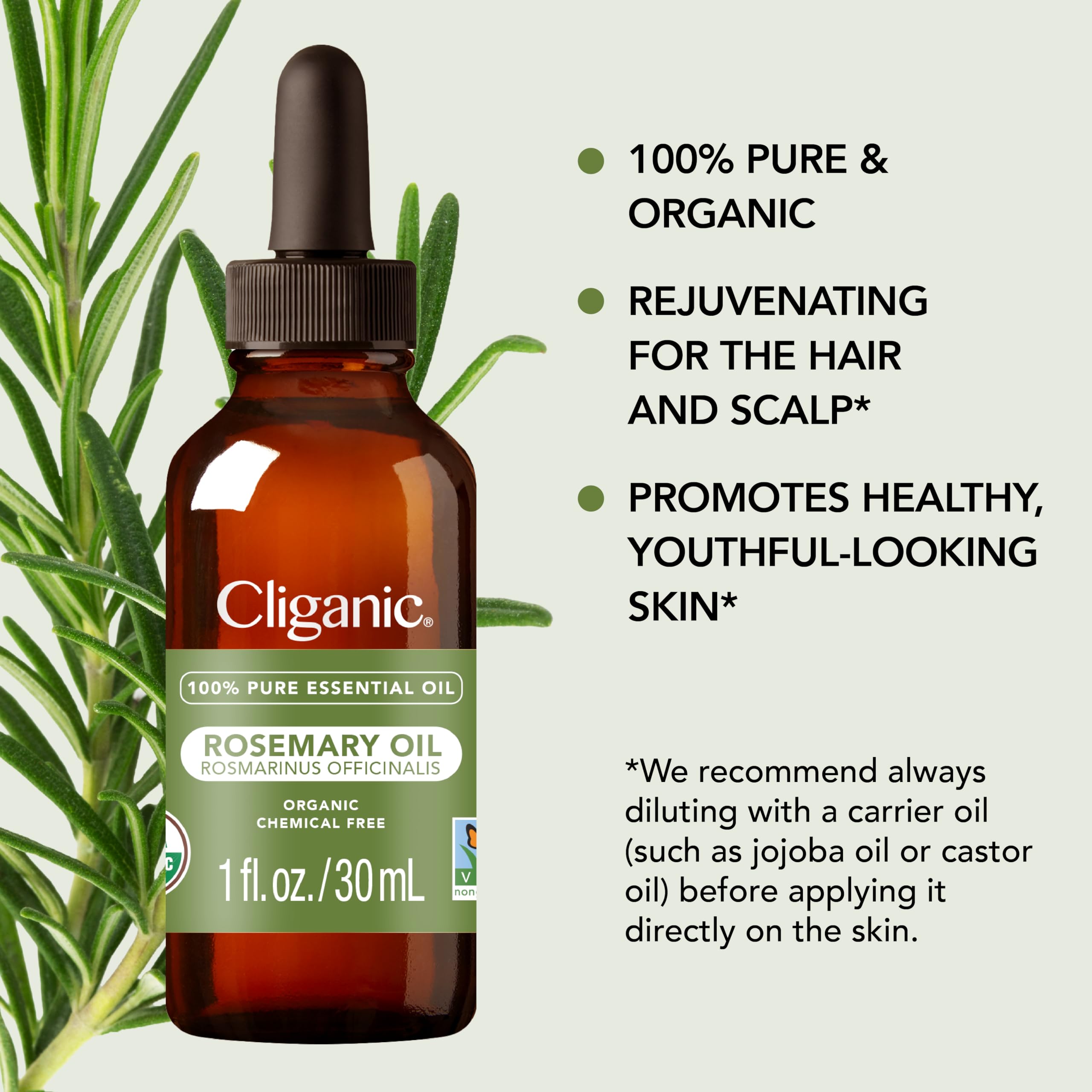 Cliganic Organic Rosemary Essential Oil for Hair, Skin, Aromatherapy - 100% Pure Natural Undiluted Cliganic