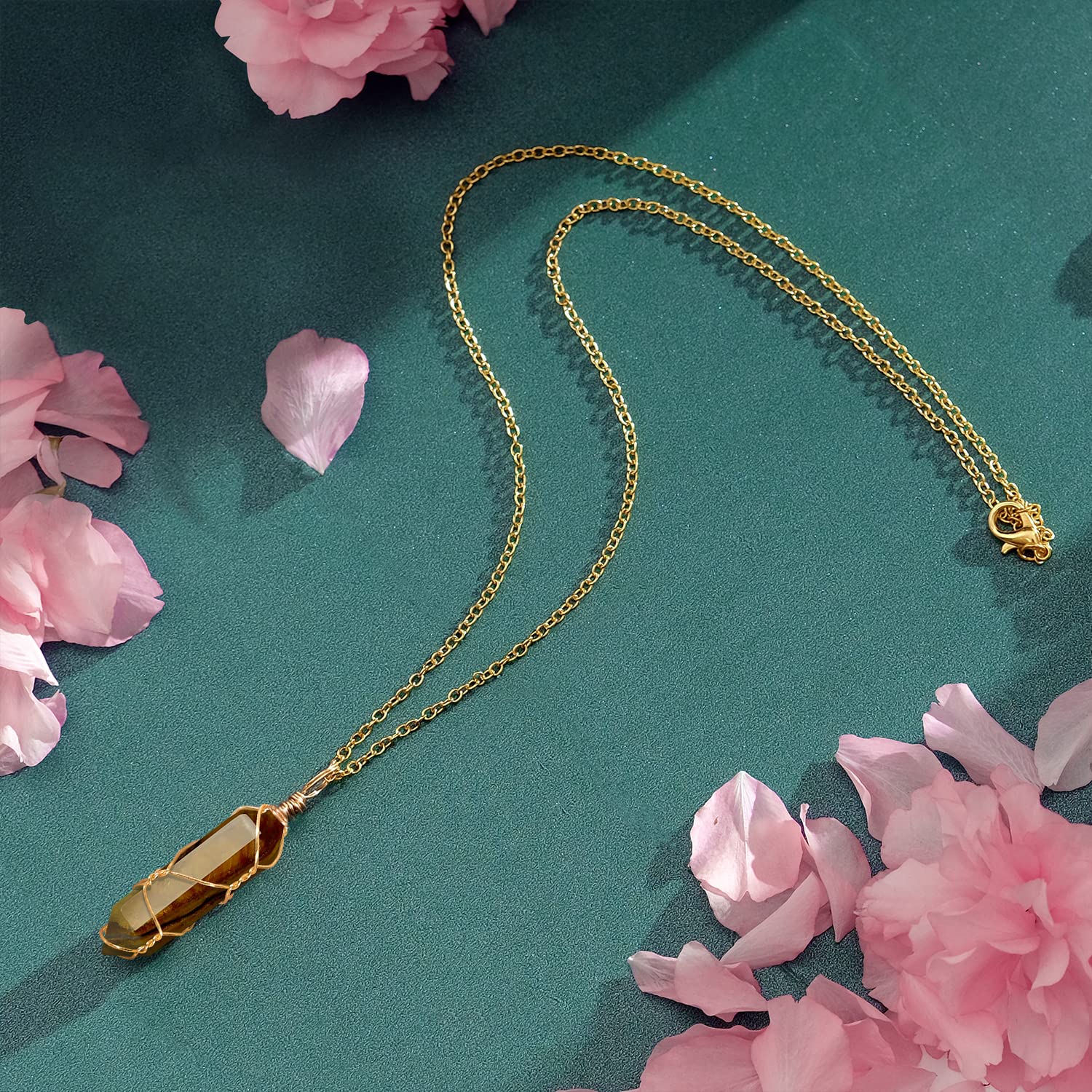 VIBILIA Healing Crystal Necklace Wire Wrapped Natural Tigerite Stone Point Pendant Necklace Hexagonal VIBILIA