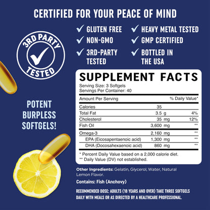 Triple Strength Omega 3 Fish Oil | 3600 mg EPA & DHA | Over 2100mg of Omega 3 Fatty