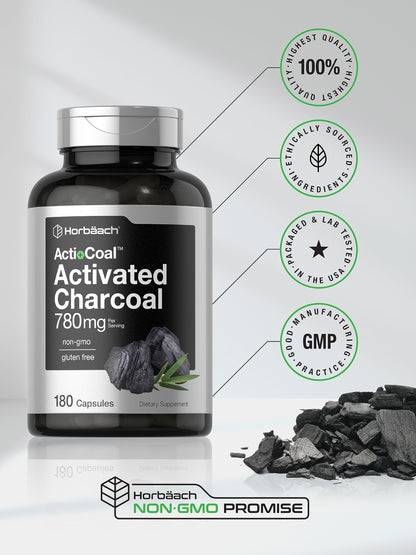 Charcoal Pills 780mg | 180 Capsules | Activated Charcoal from Coconut Shells | Non-GMO