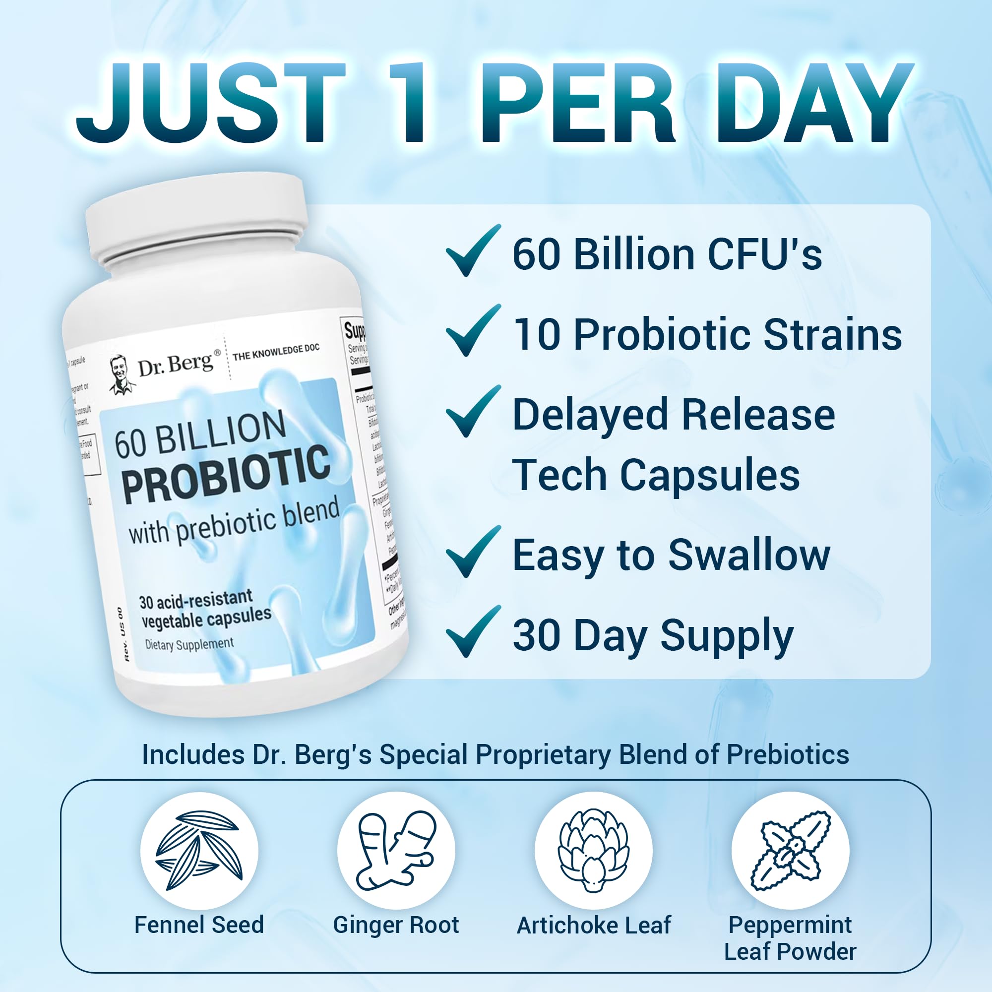 Dr. Berg 60 Billion Probiotic Supplement - Probiotics for Men & Women - Pre and Probiotics