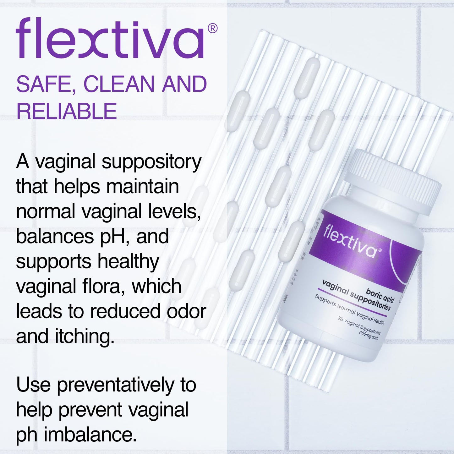 Flextiva Boric Acid Vaginal Suppositories - Boric Acid Pills for Women - Vaginal Health pH Balance for Women