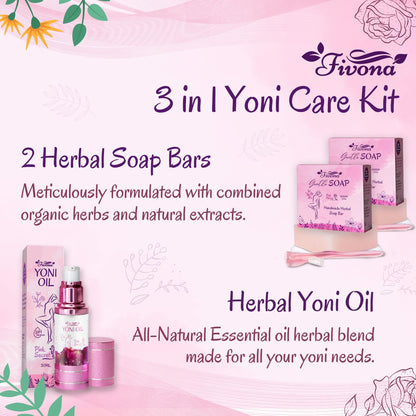 FIVONA 3 in 1 Set of Yoni Oil with 2 Yoni Soap Bars - Feminine pH Balanced Natural Vaginal Oil 30 ml