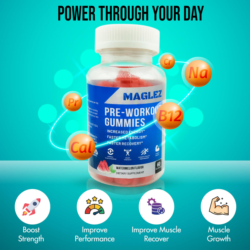 Maglez, Pre Workout Gummies for Men & Women, PreWorkout Gummy with Beta Alanine | Organic Caffeine | Chromium Picolinate | Gluten free, Vegan, increased energy, faster metabolism & recovery (60 gummy)
