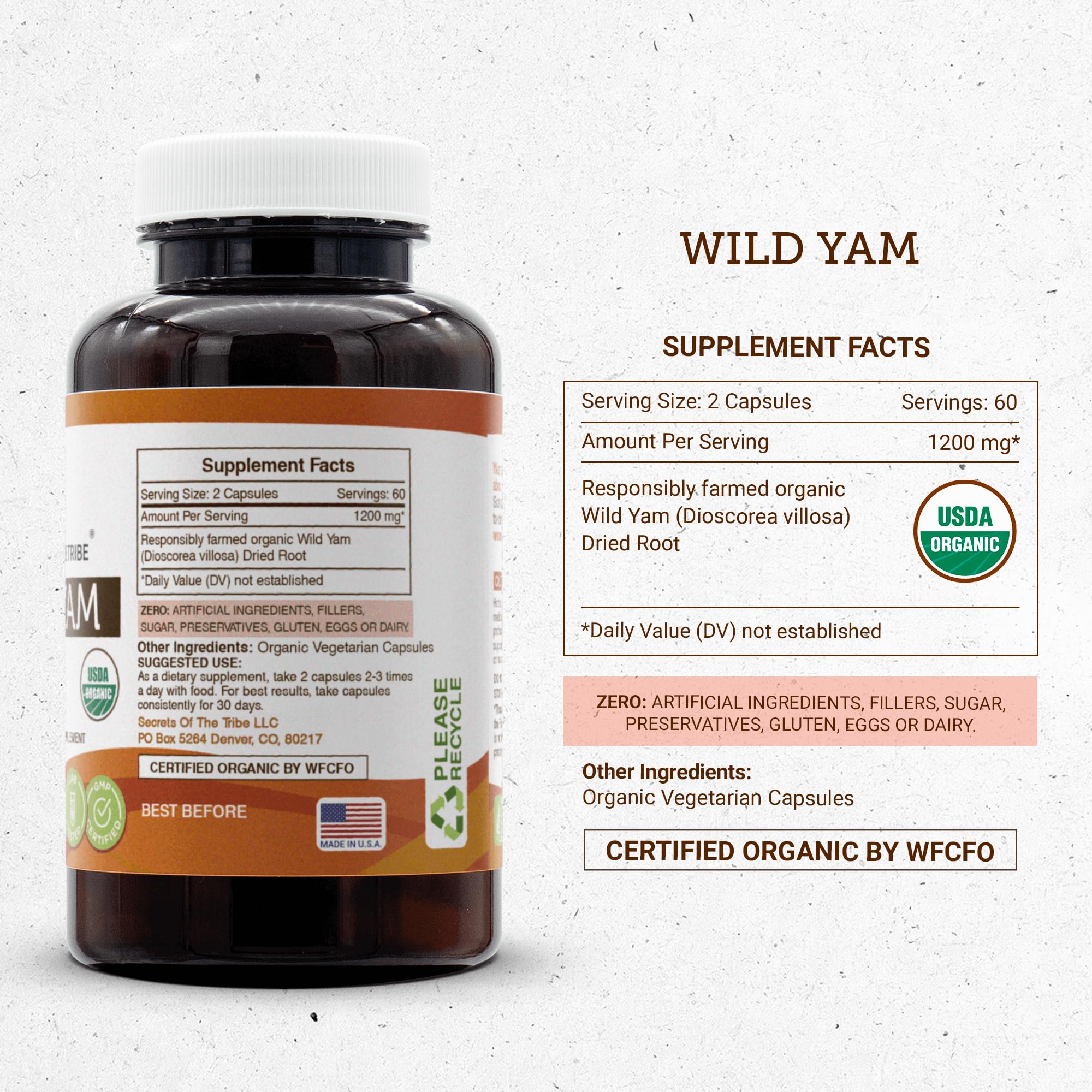 Secrets of the Tribe Wild Yam Capsules 1200 mg Responsibly farmed USDA Organic Wild Yam Secrets of the Tribe