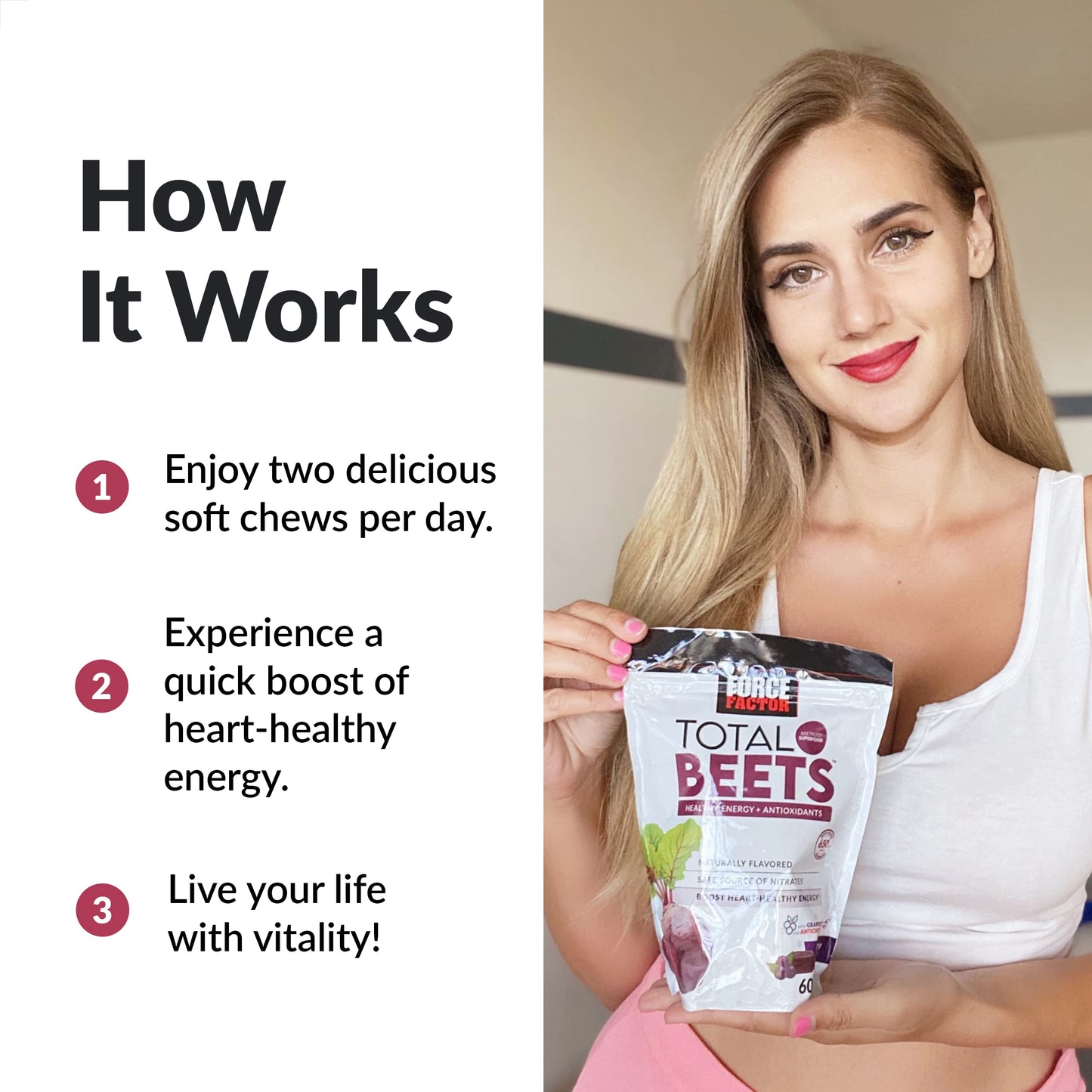 Force Factor Total Beets Soft Chews with Beetroot, Nitrates, L-Citrulline, Grapeseed Extract