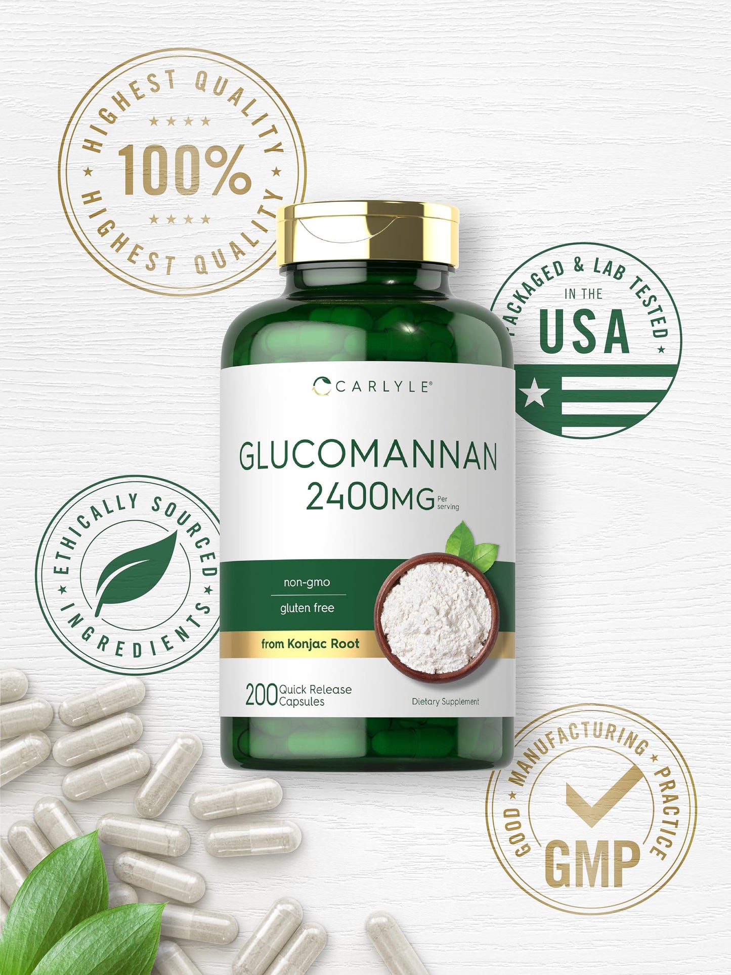 Carlyle Glucomannan Capsules | 200 Count | Soluble Fiber Pills | Non-GMO