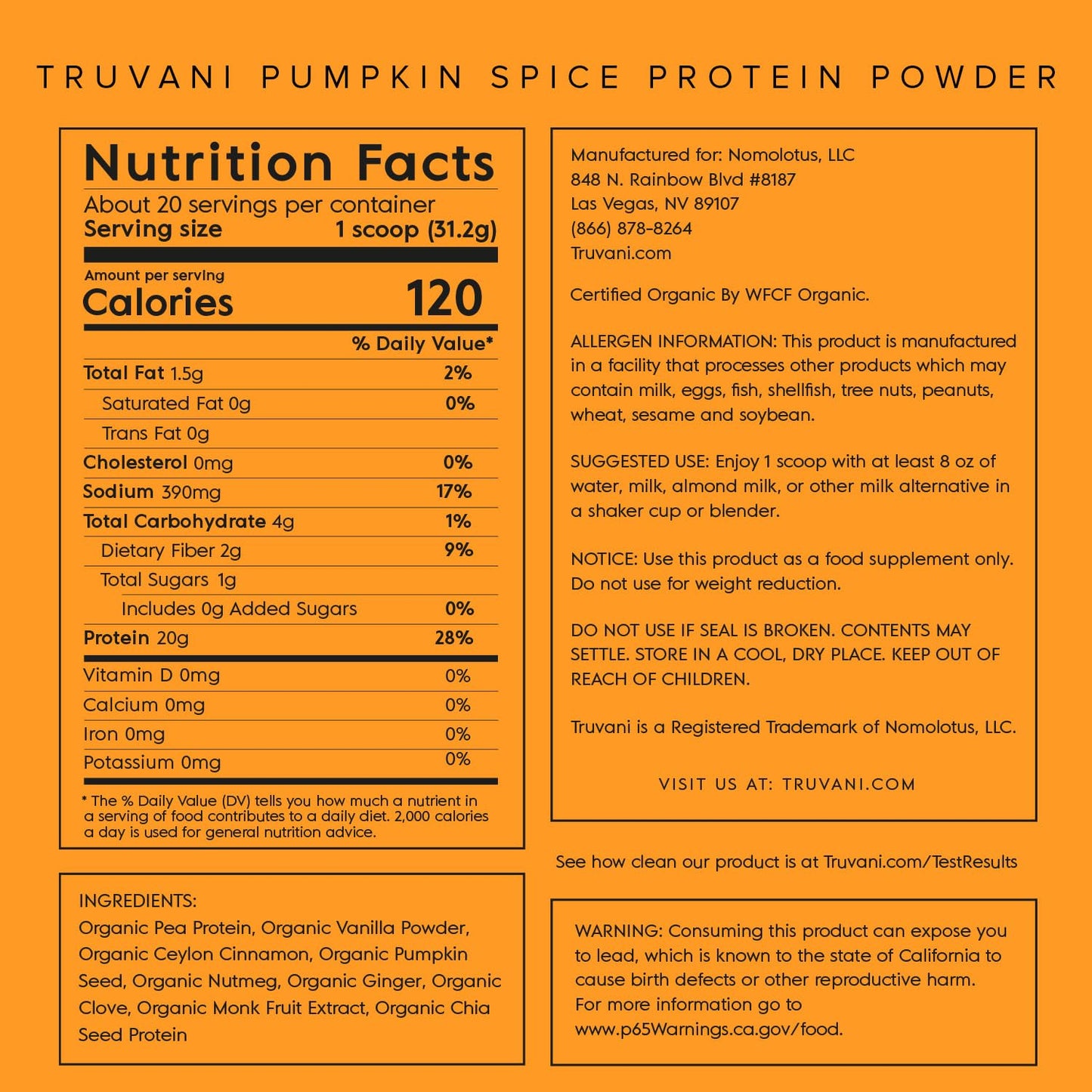 Truvani Organic Vegan Protein Powder Pumpkin Spice - 20g of Plant Based Protein