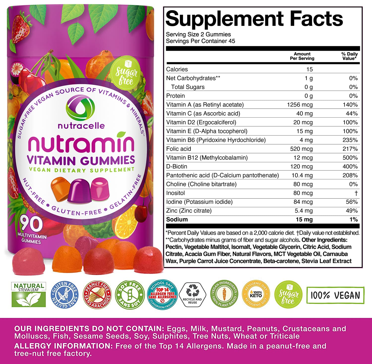 NUTRAMIN Daily Vegan Keto Multivitamin Gummies Vitamin C, D2, and Zinc for Immunity Nutracelle