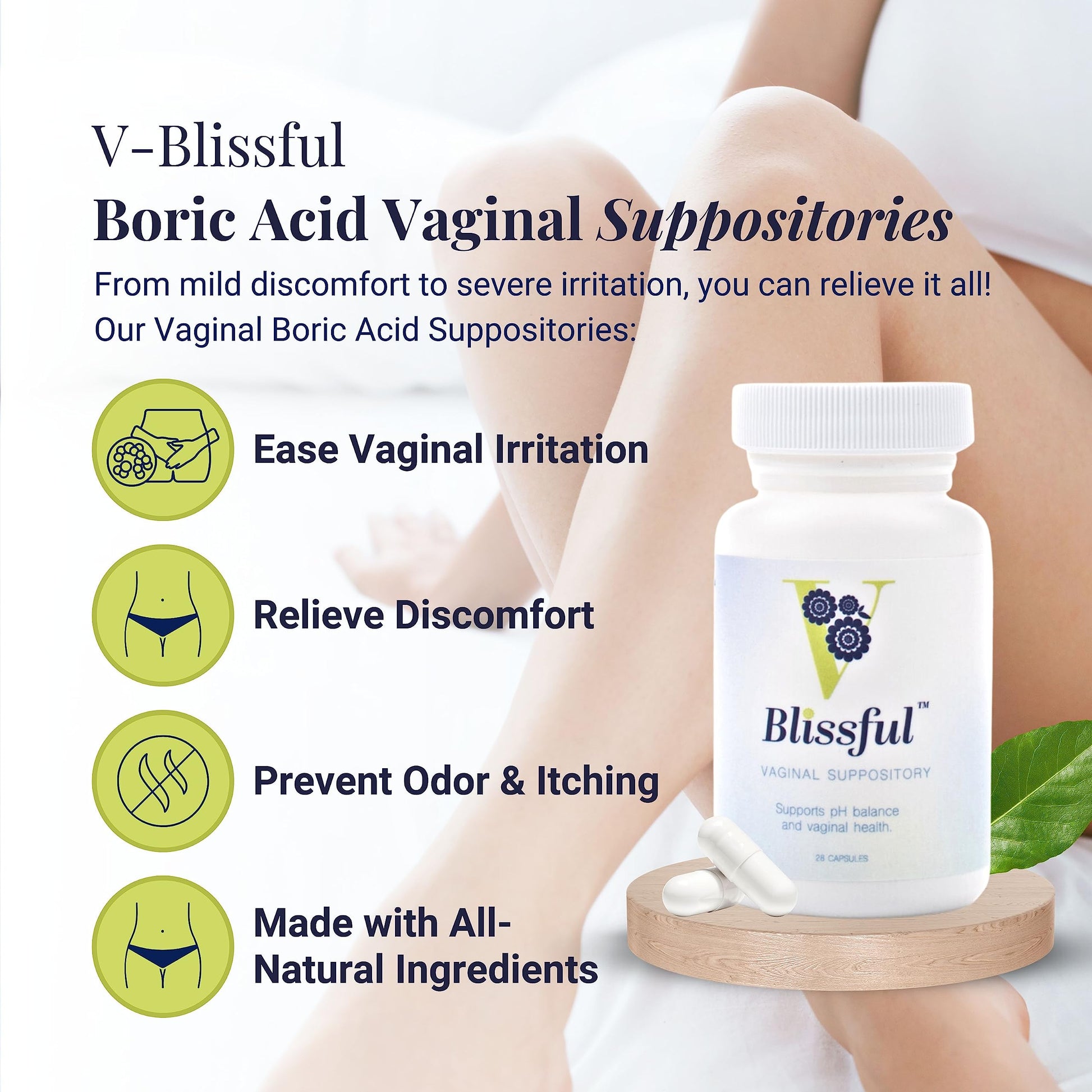 V Blissful - Boric Acid Suppositories Helps with Yeast Infections - Effective Feminine Care with Boric Acid, Perfect V Blissful
