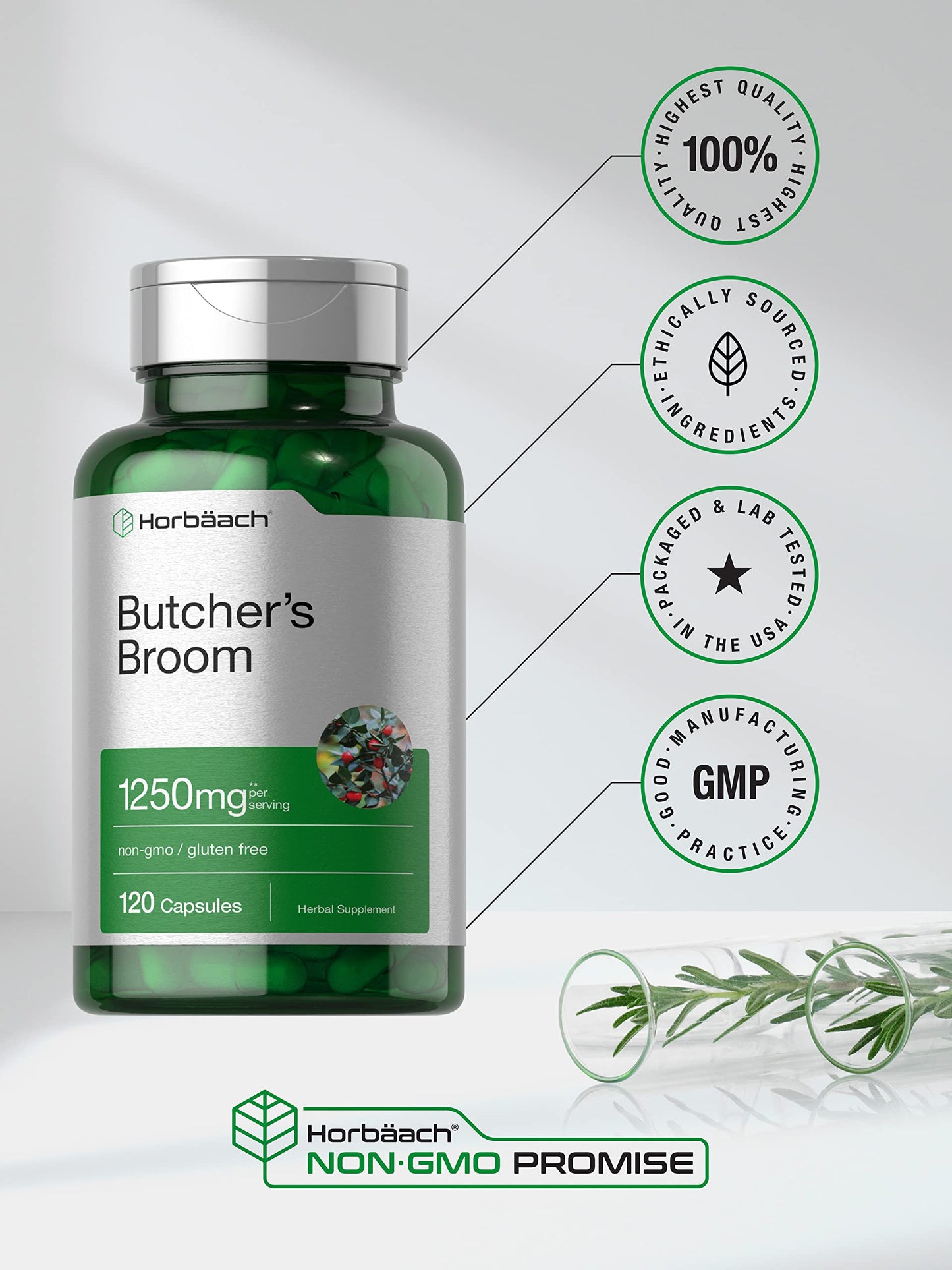 Butchers Broom Capsules 1250mg | 120 Count | Non-GMO, Gluten Free | Traditional Herb