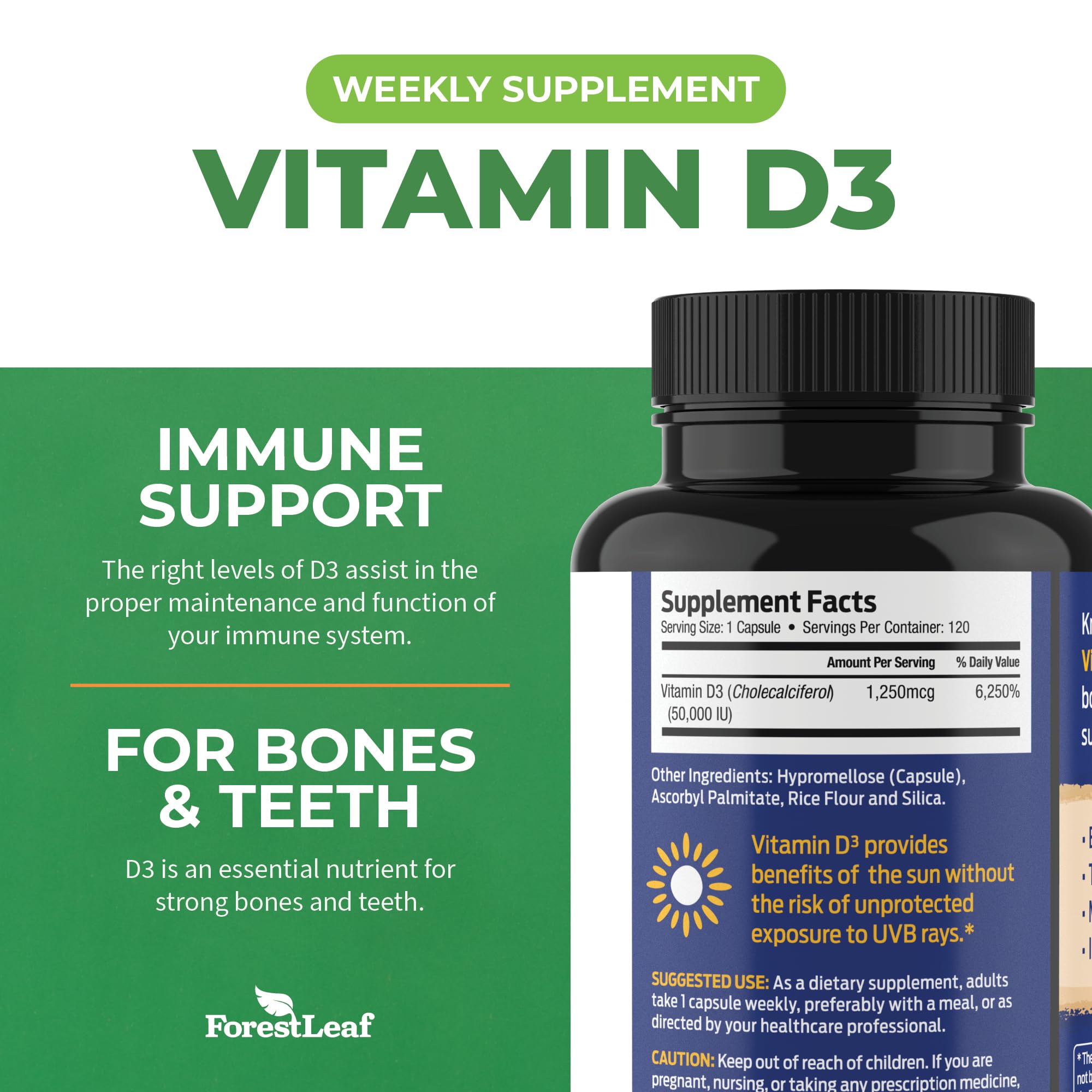 ForestLeaf - Vitamin D3 IU Weekly Supplement - Vitamin D Capsules for Bones