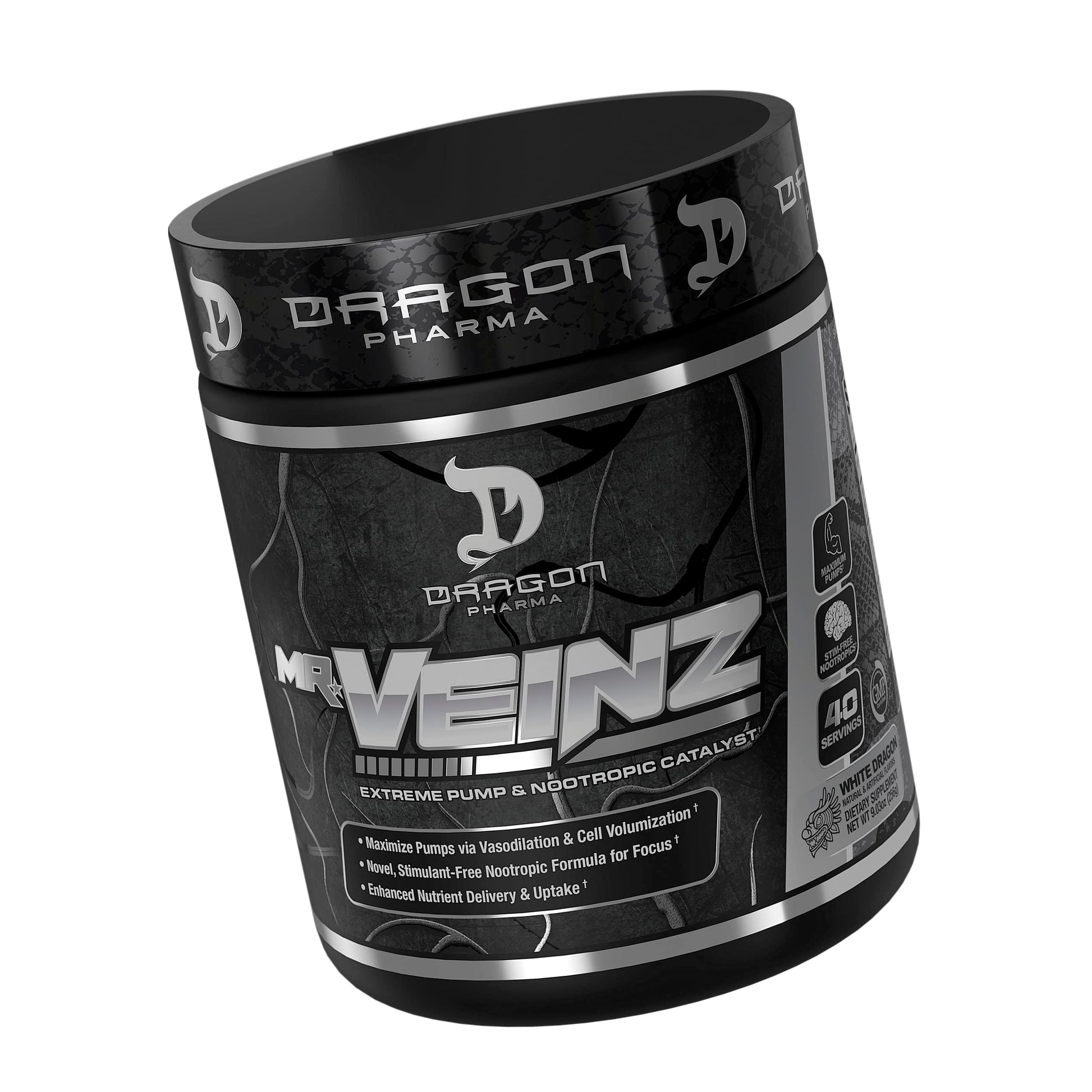 DRAGON PHARMA Mr. Veinz Stim Free Pre-Workout, Extreme Pump & Nootropic Catalyst, Maximize Pumps via Vasodilation & Cell Volumization, Stimulant-Free Formula for Focus (40 Servings, White Dragon)