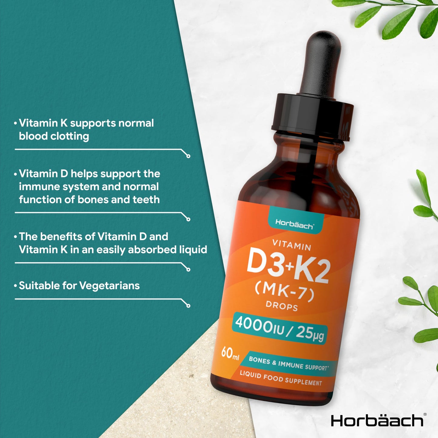 Vitamin D3 K2 Drops | 60mL | High Strength Vitamin D3 4000iu and K2 25ug | No Artificial