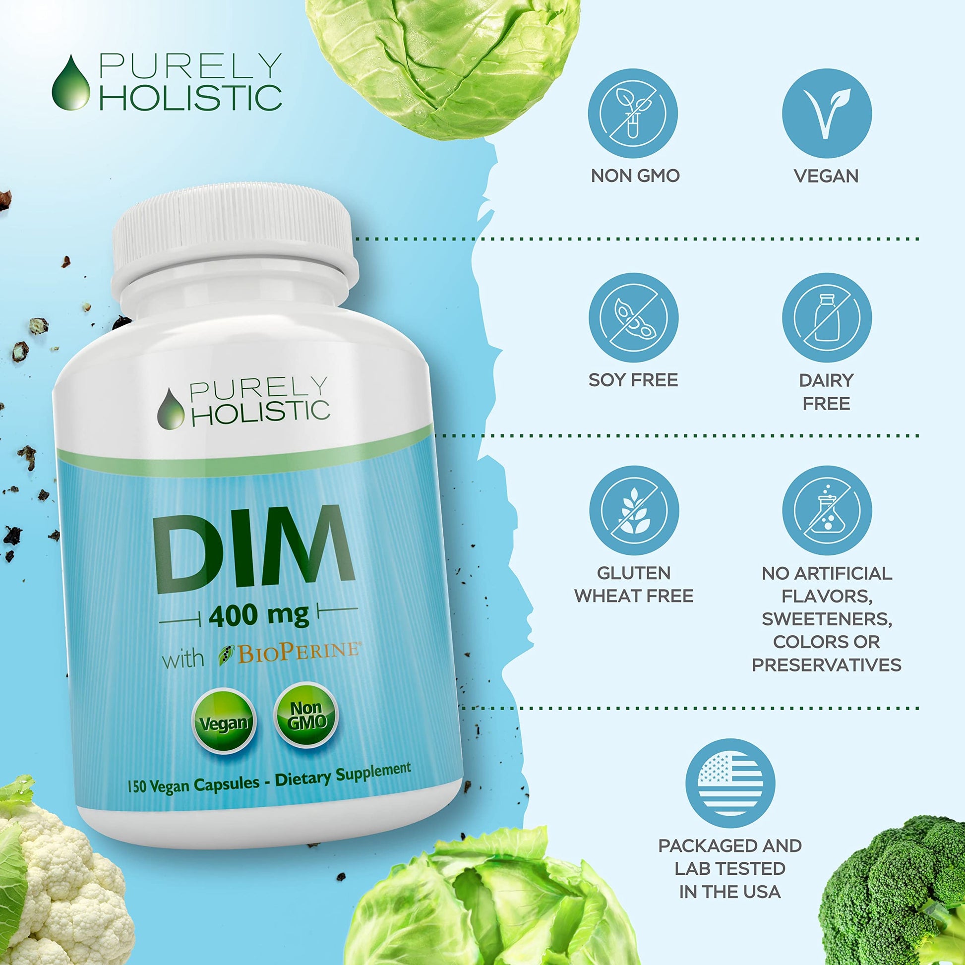 DIM Supplement 400mg Plus Bioperine - 150 Vegan Capsules - 5 Month Supply - Hormone Balance Purely Holistic