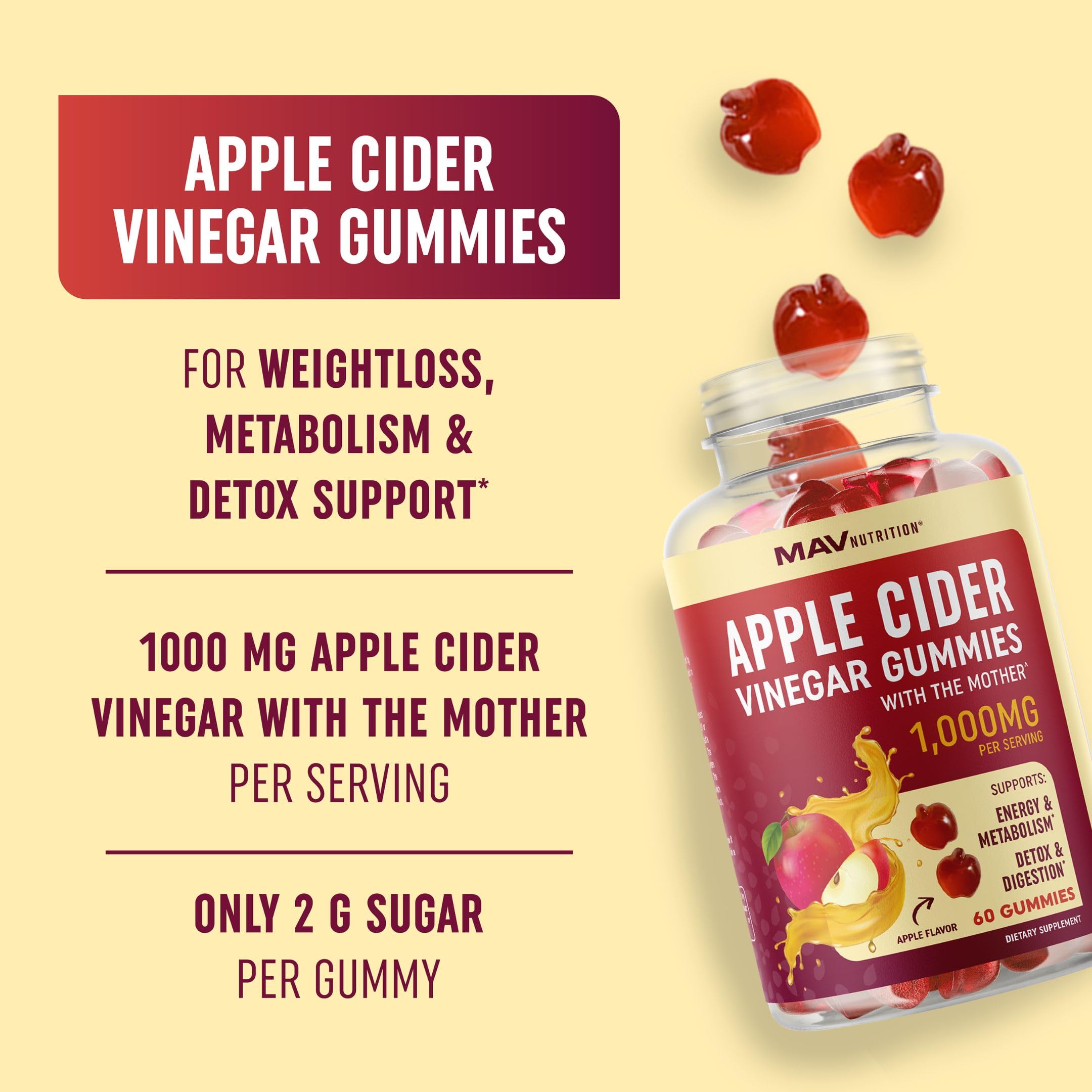 Organic Apple Cider Vinegar Gummies (60 Ct.) | Weight, Digestion, Detox, Immunity & Diet Support MAV NUTRITION