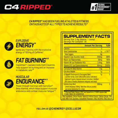 Cellucor C4 Ripped Pre Workout Powder Raspberry Lemonade | Creatine Free + Sugar Free