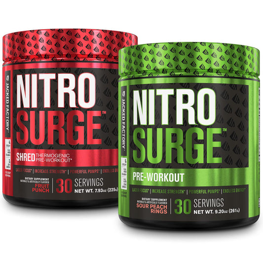 Jacked Factory Nitrosurge Pre-Workout in Sour Peach Rings & Fruit Punch Nitrosurge Shred
