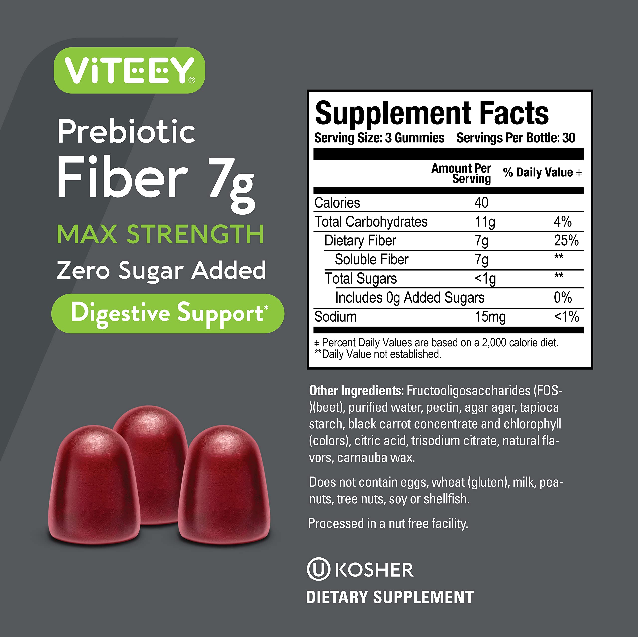 Prebiotic Fiber Gummies 7G Extra Strength [Zero Sugar Added] Digestive Heath Regularity Viteey